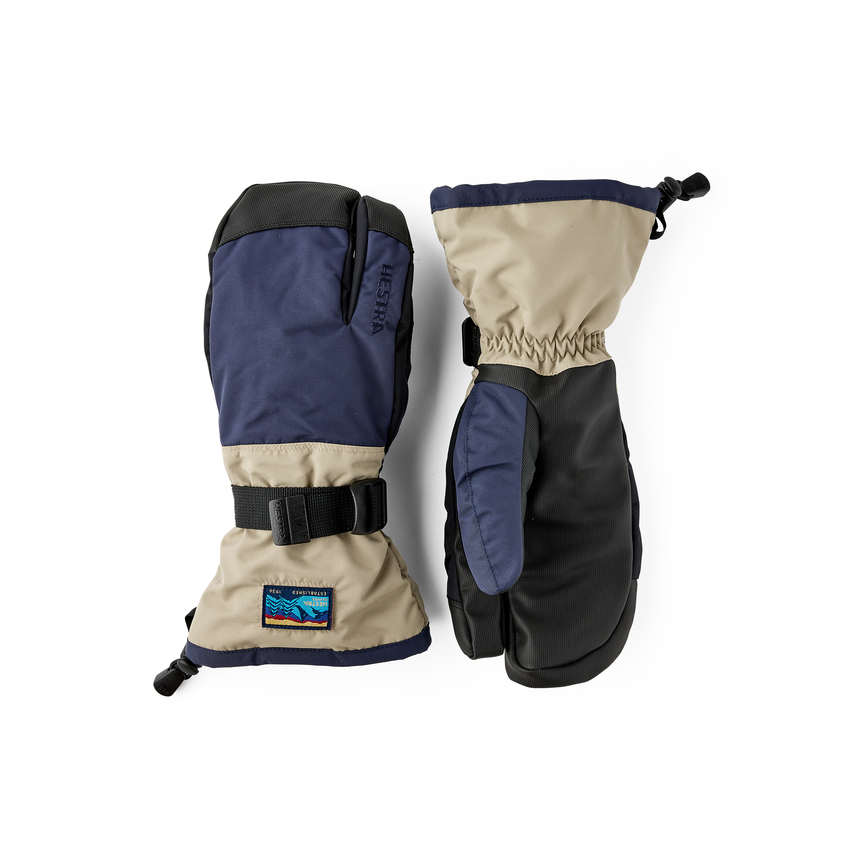 Blue and beige fabric three finger glove with black synthetic palm