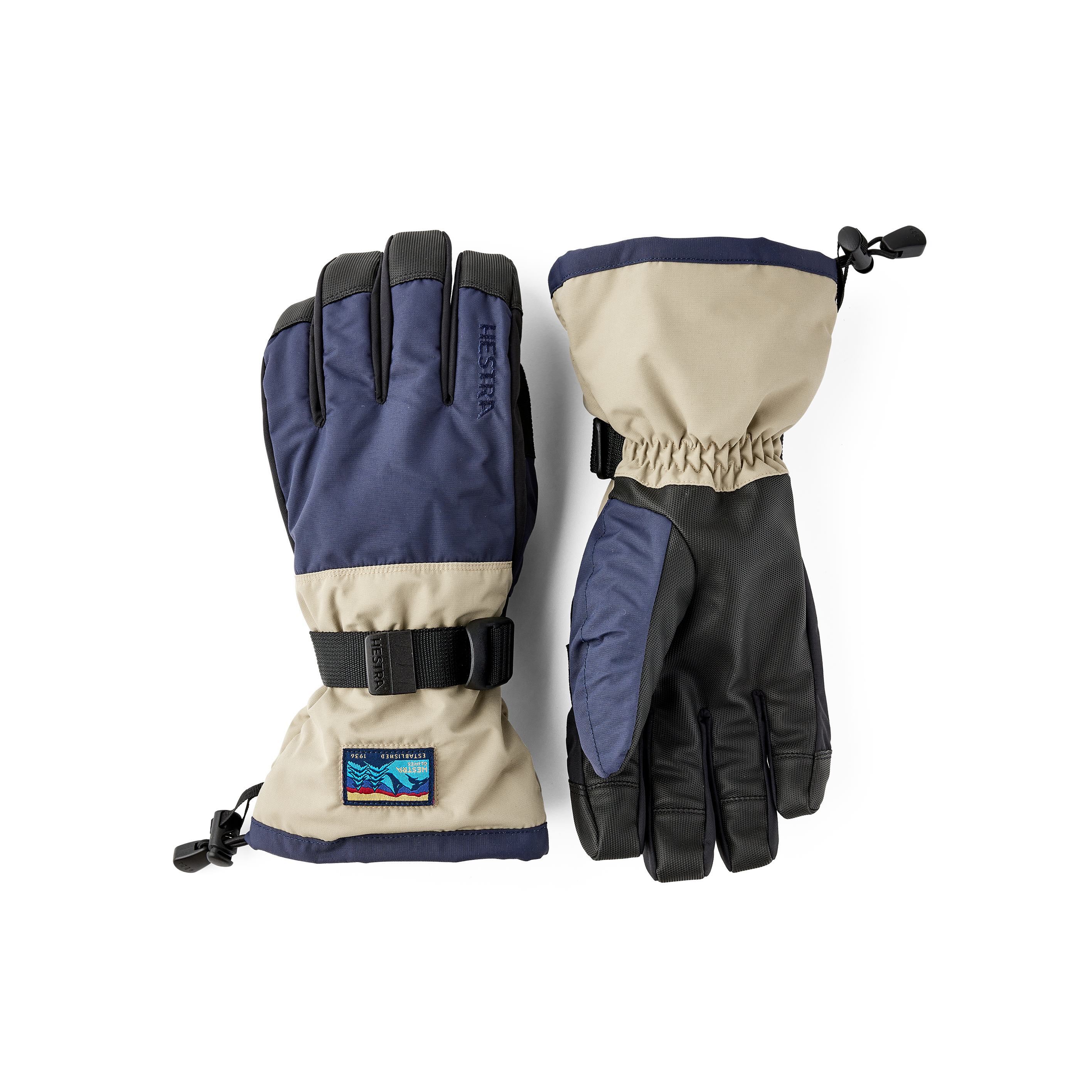 Blue and beige fabric ski glove with black synthetic palm