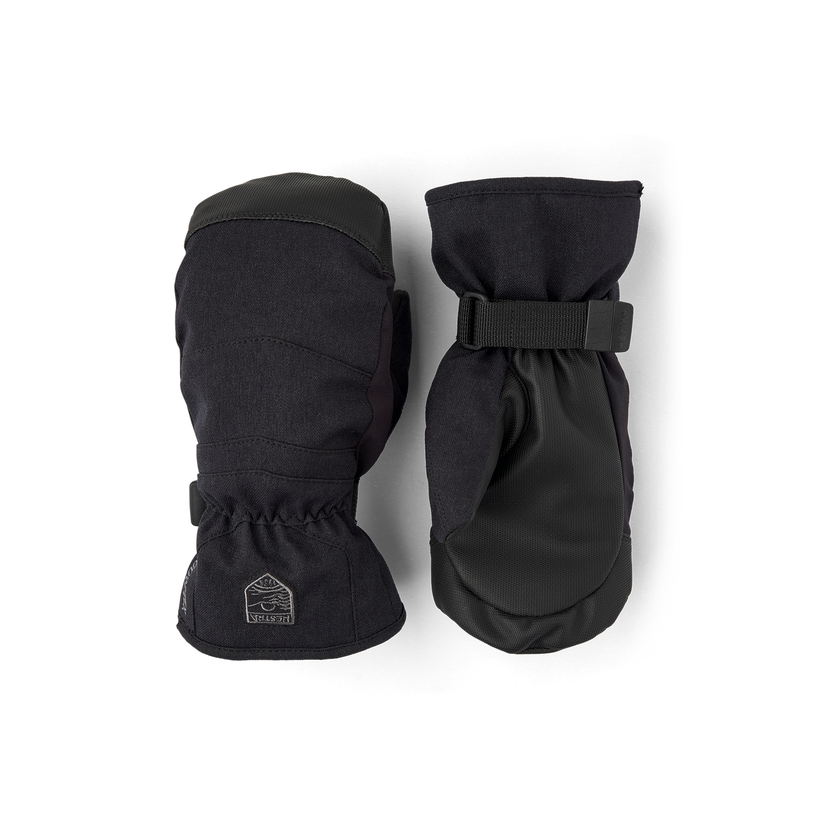 Black fabric mitten with black synthetic palm and wrist adjustment