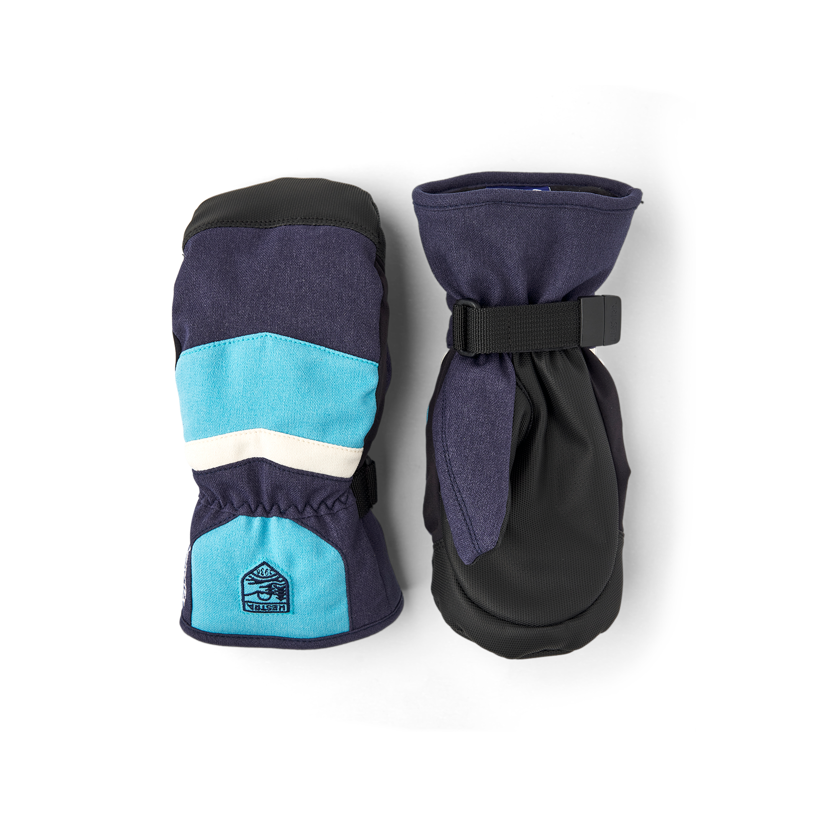 Blue fabric mitten with black synthetic palm and wrist adjustment