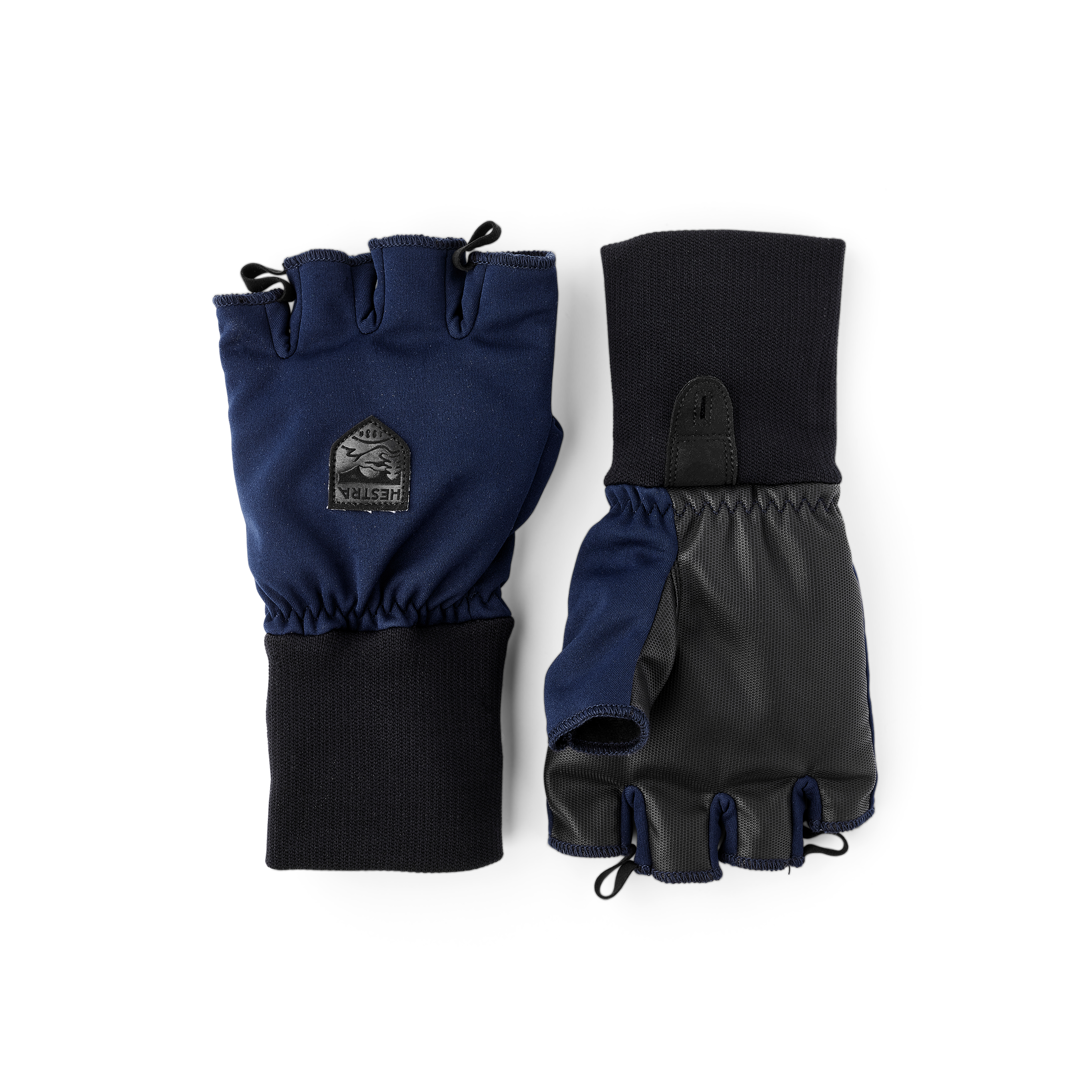 Dark blue fingerless glove with black synthetic palm