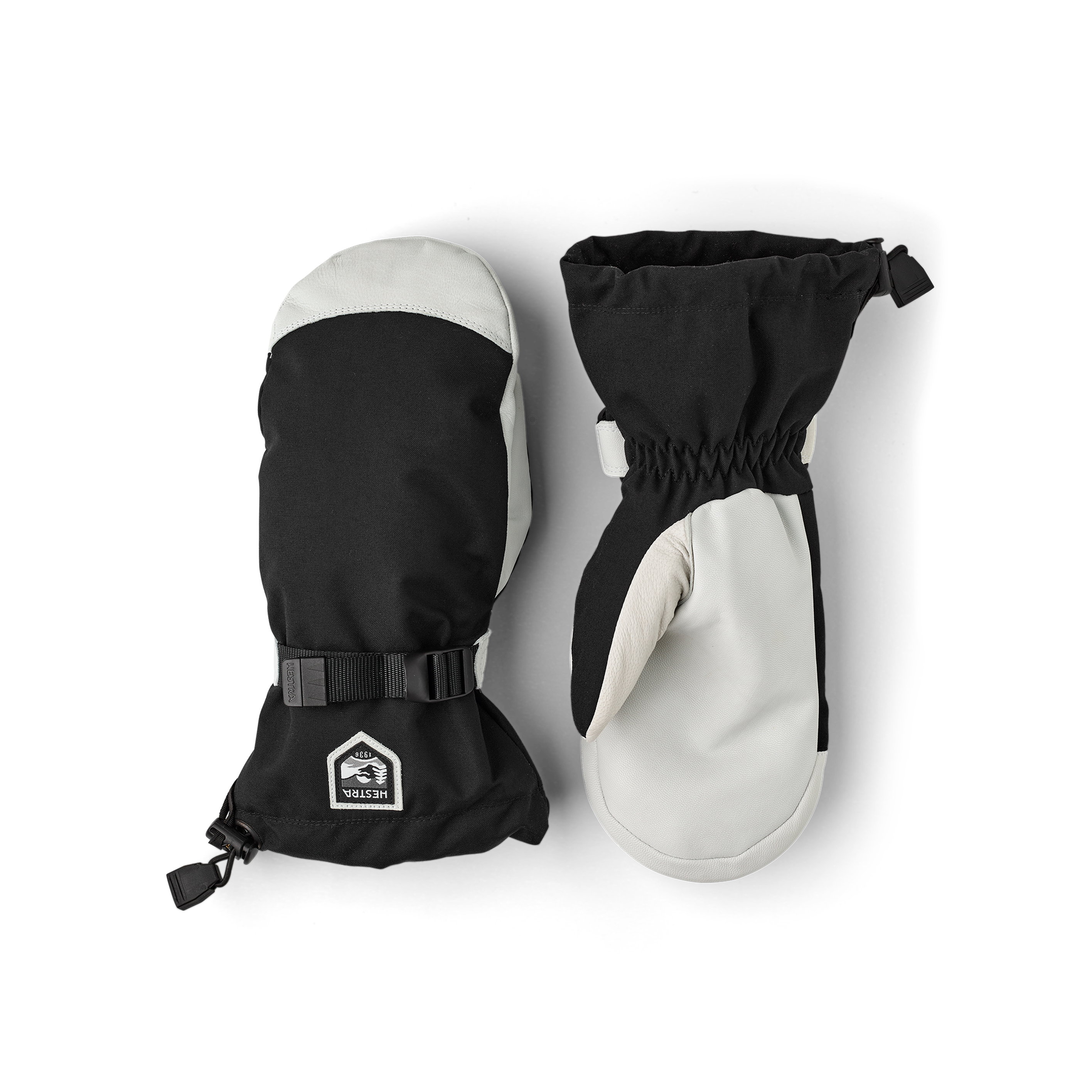 Black mitten with white goat leather palm and wrist strap