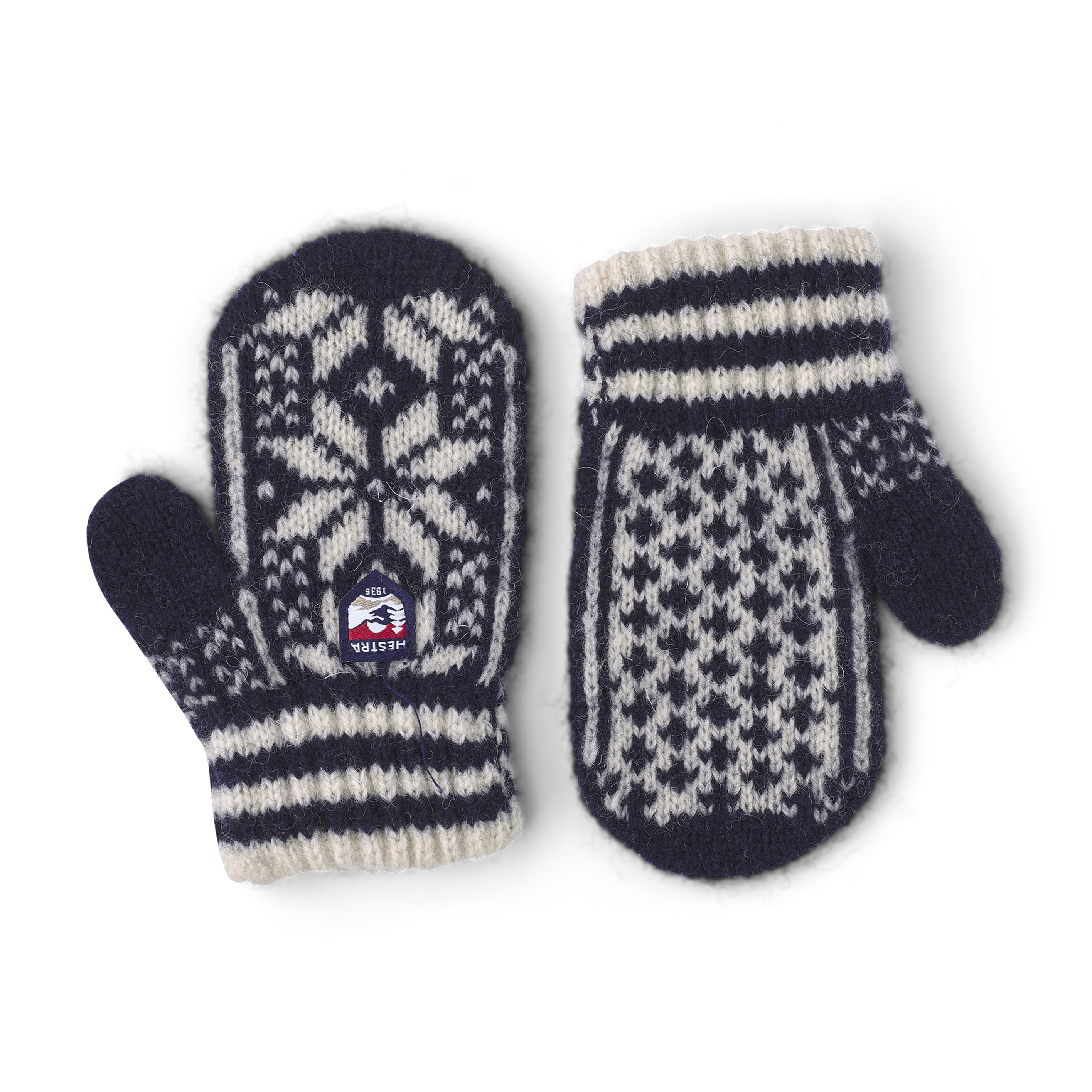 Dark blue and white knitted mitten in wool mix