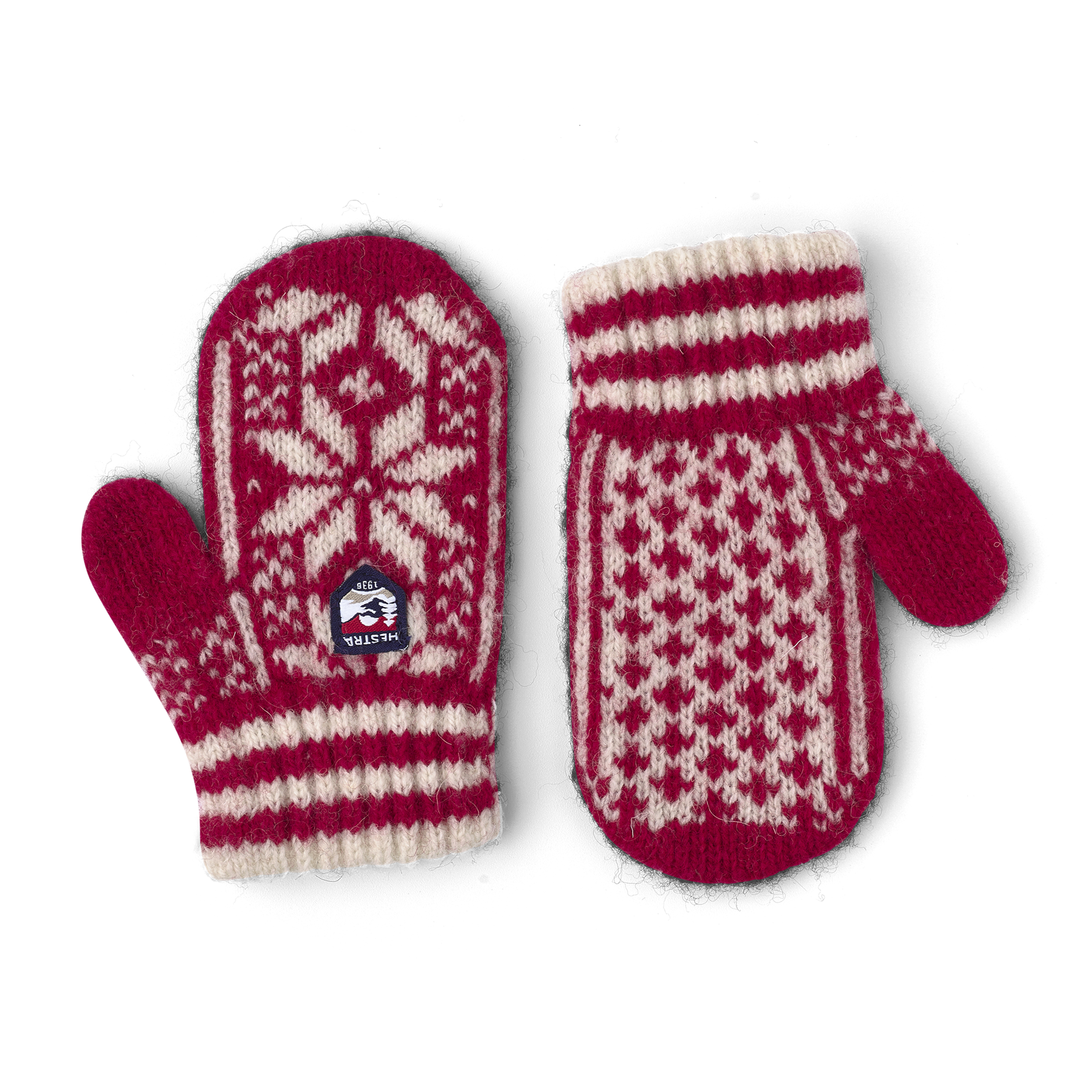 Red and white knitted mitten in wool blend