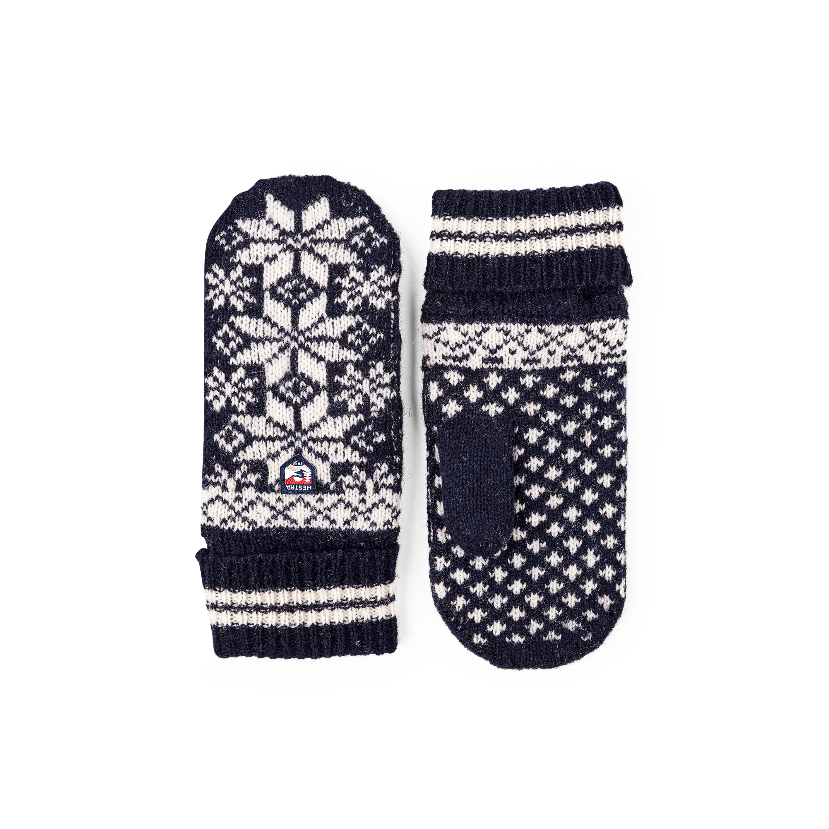 Dark blue knitted mitten in wool blend with pattern