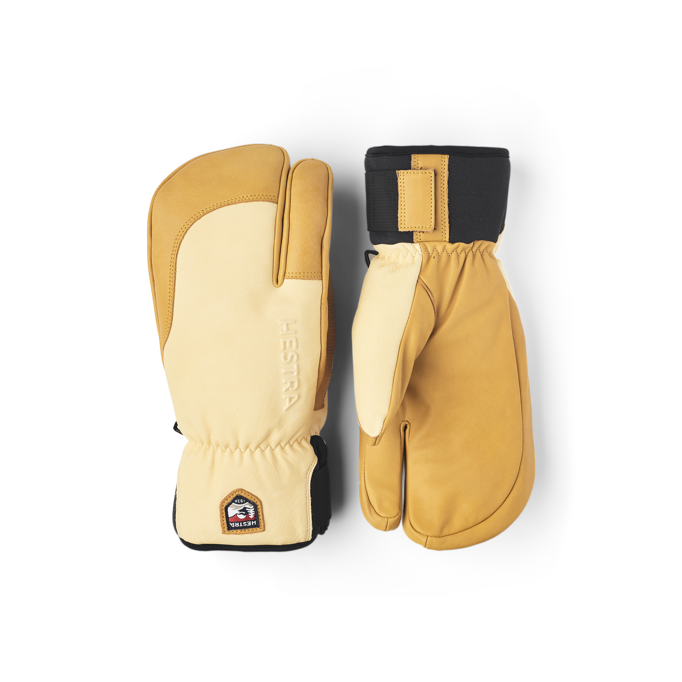 Yellow beige cow hide three finger glove with dark yellow leather palm