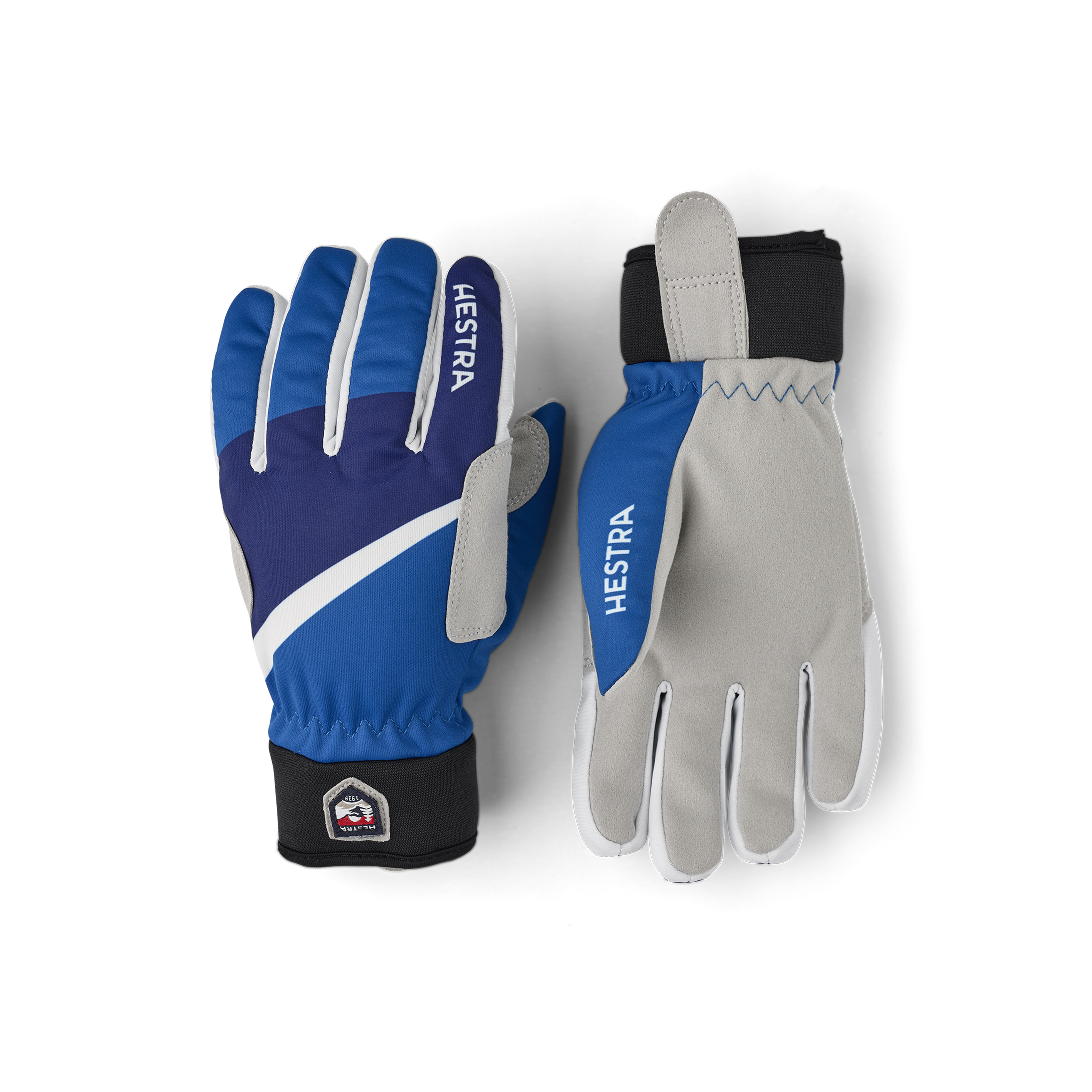Royal blue fabric cross-country ski glove with gray synthetic suede palm