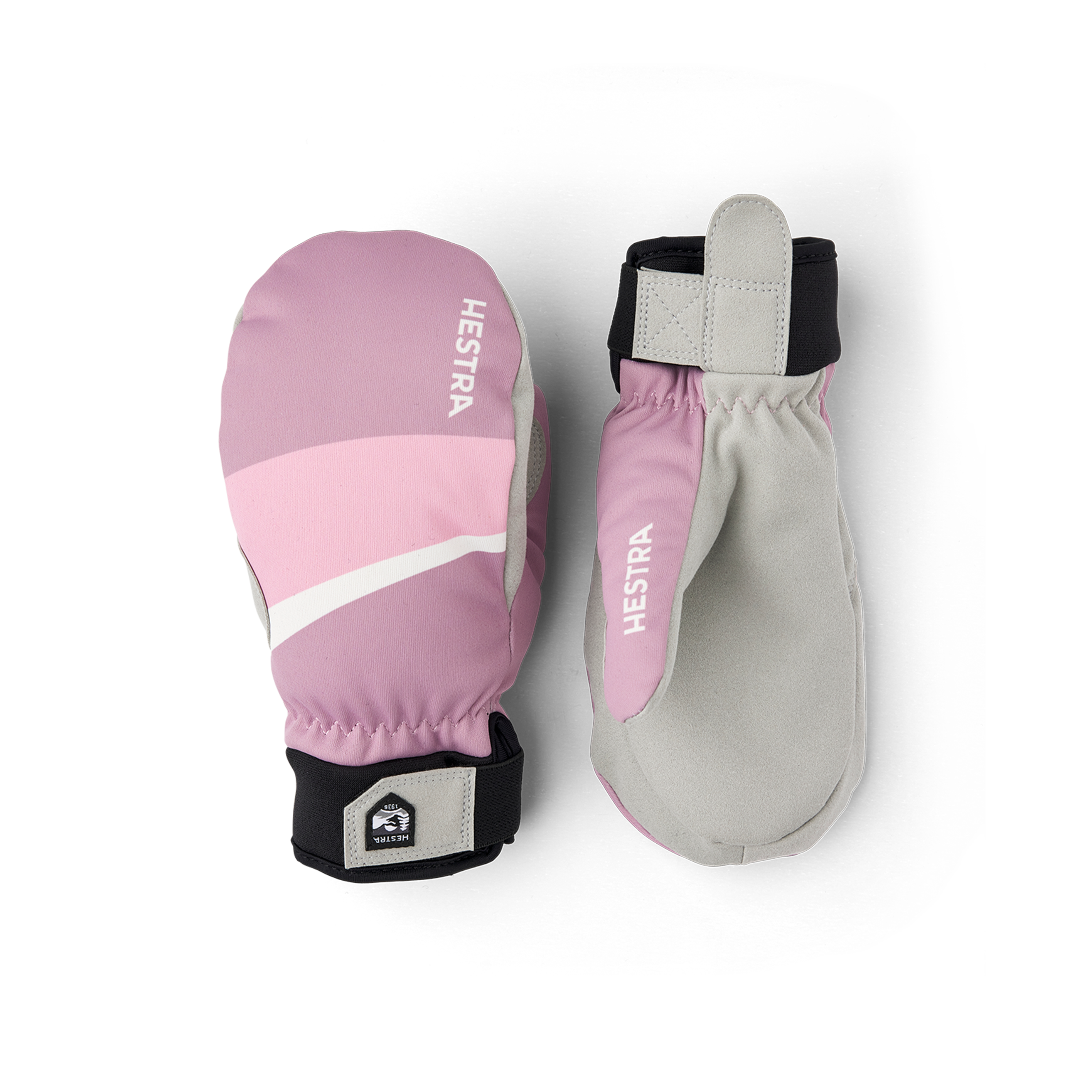 Pink and purple fabric mitten with gray synthetic suede palm