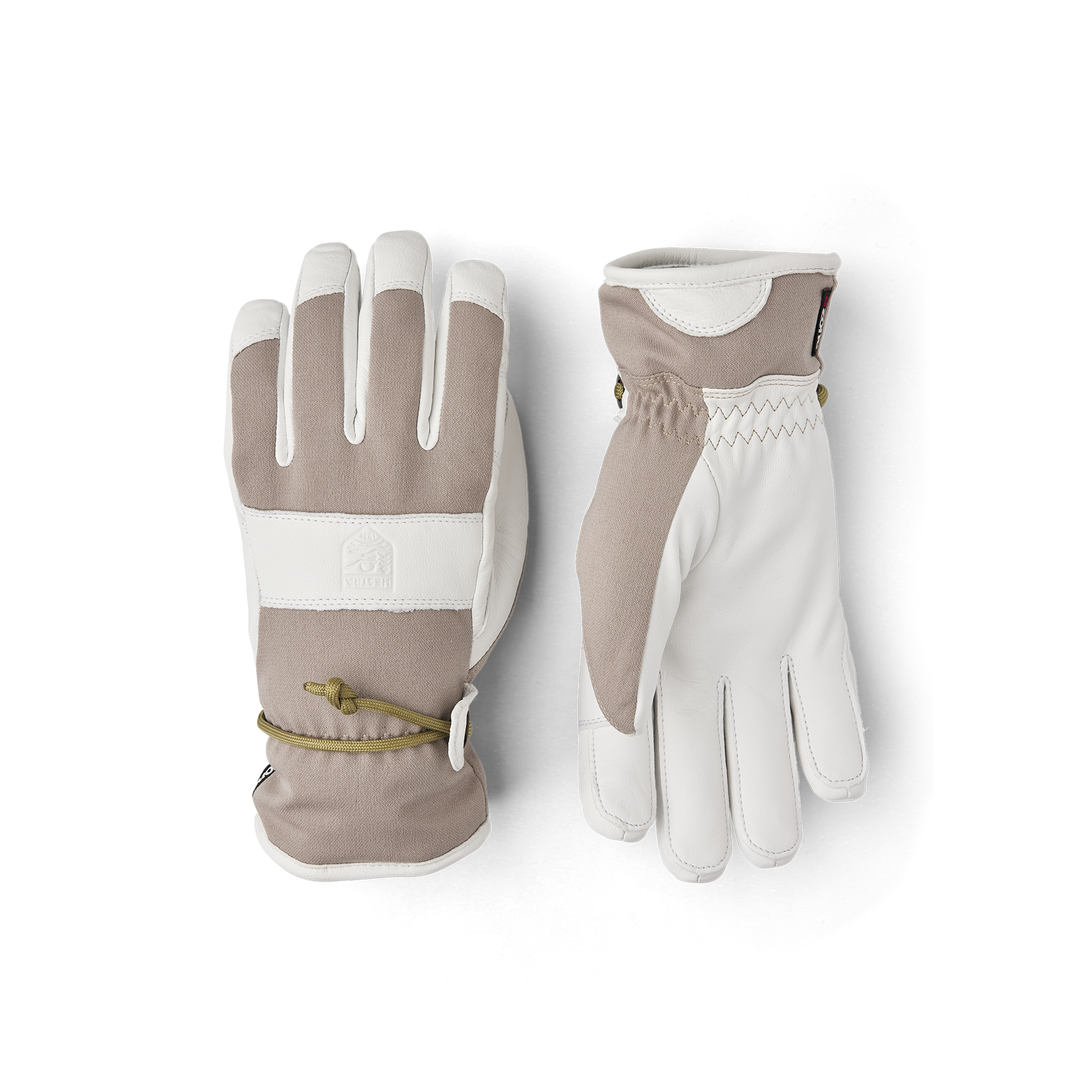 Beige ski glove with white goat leather palm and wrist strap