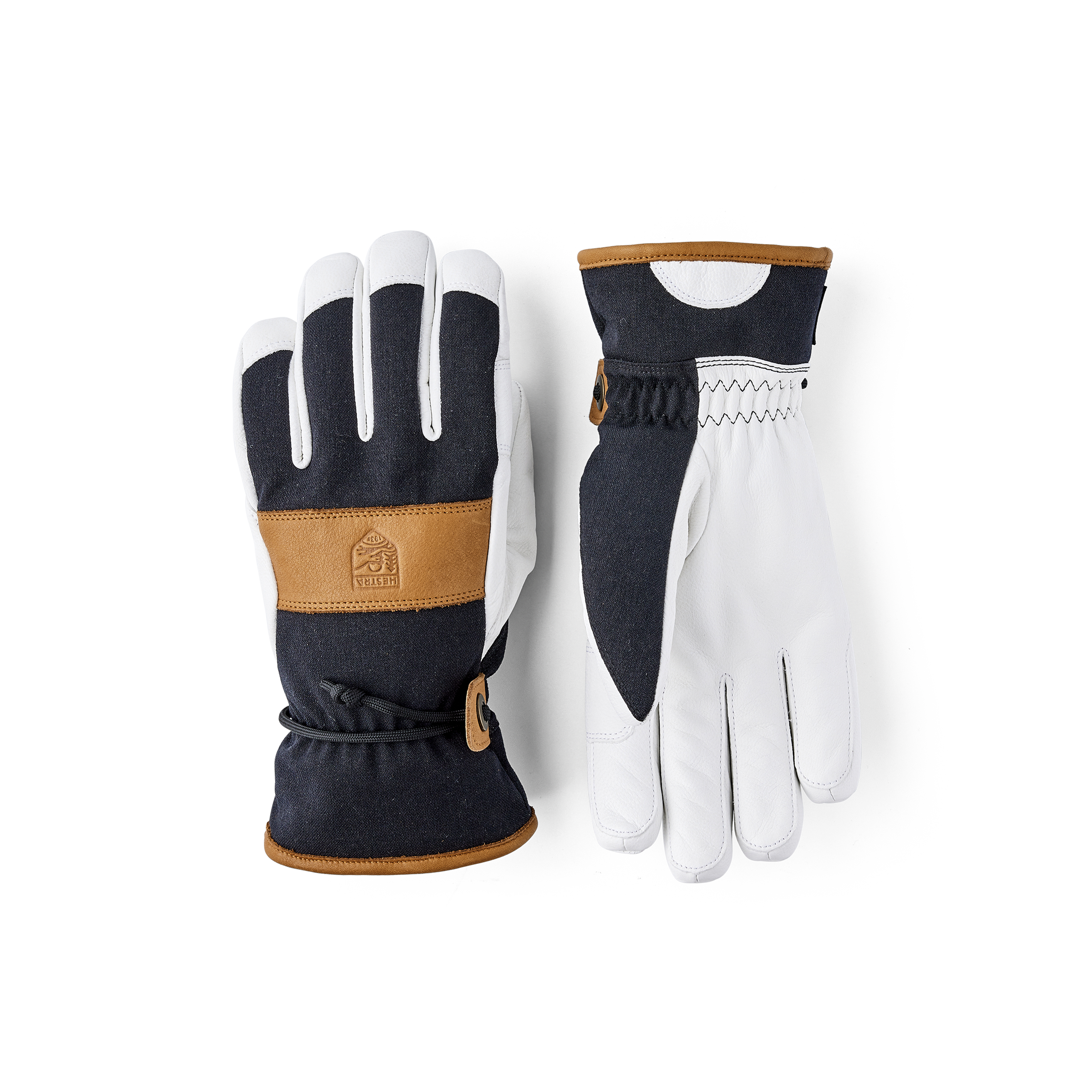 Black ski glove with white goat leather palm and wrist strap