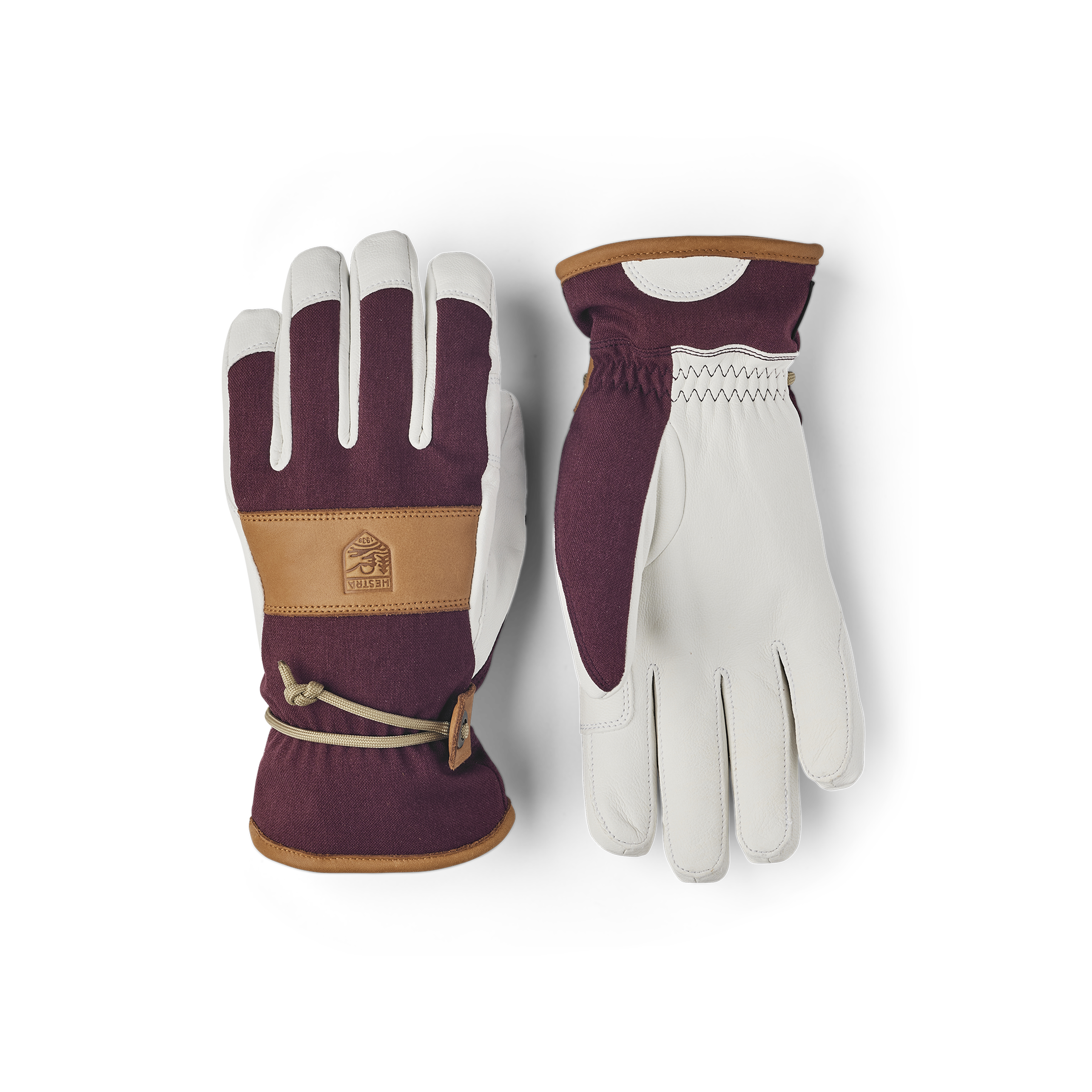 Wine red ski glove with white goat leather palm and wrist strap