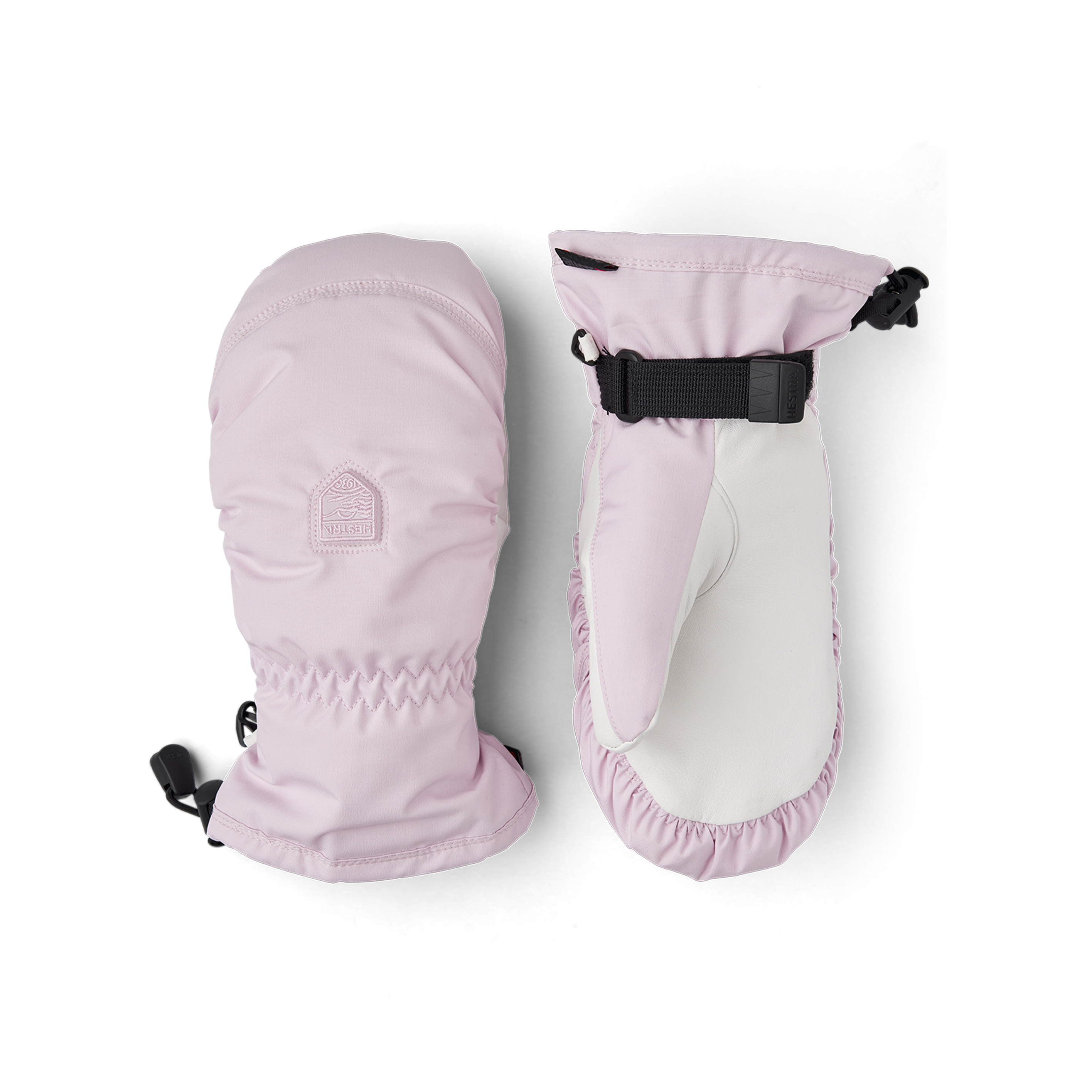 Light pink fabric mitten with white hairsheep palm and wrist adjustment