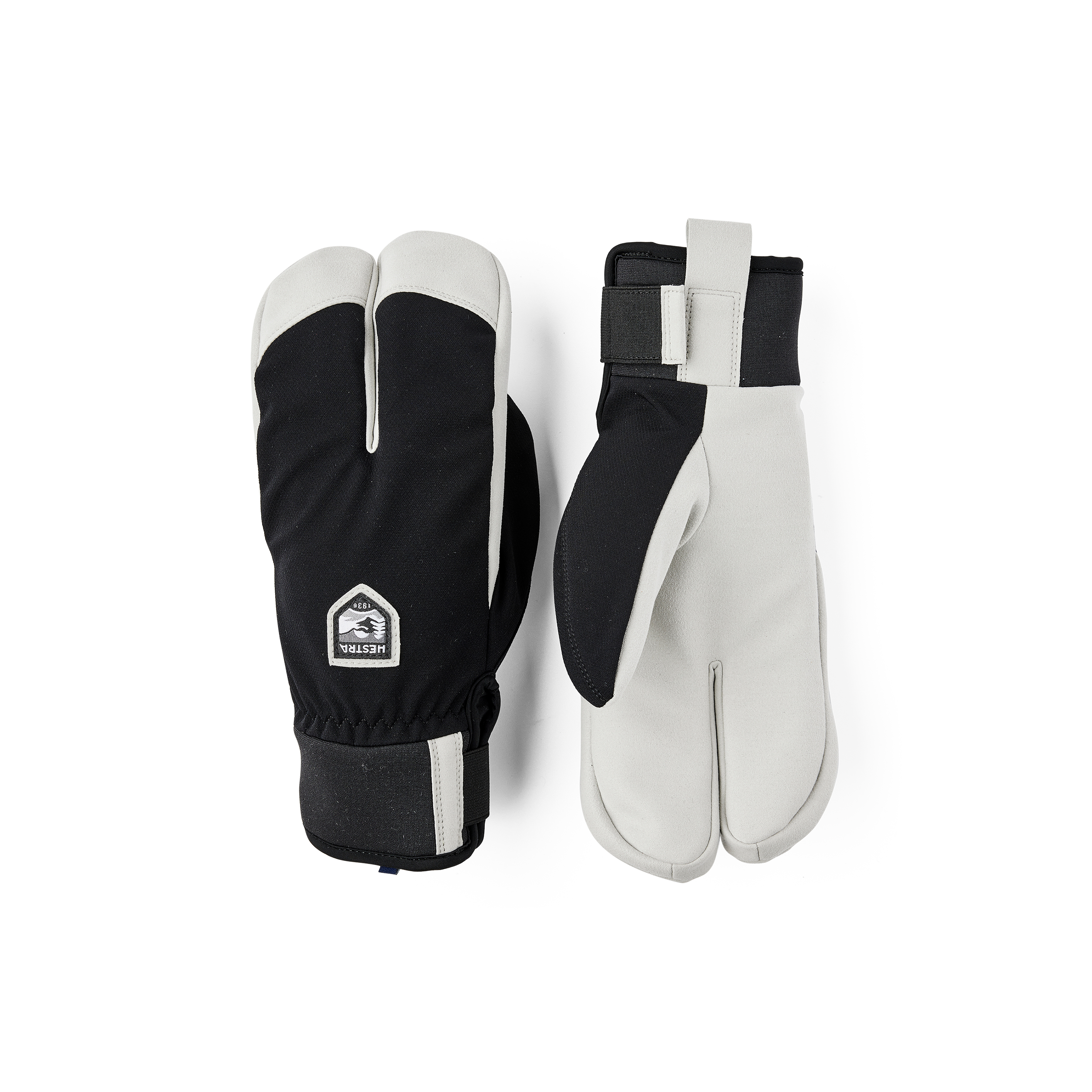 Black fabric lobster glove with gray synthetic suede palm