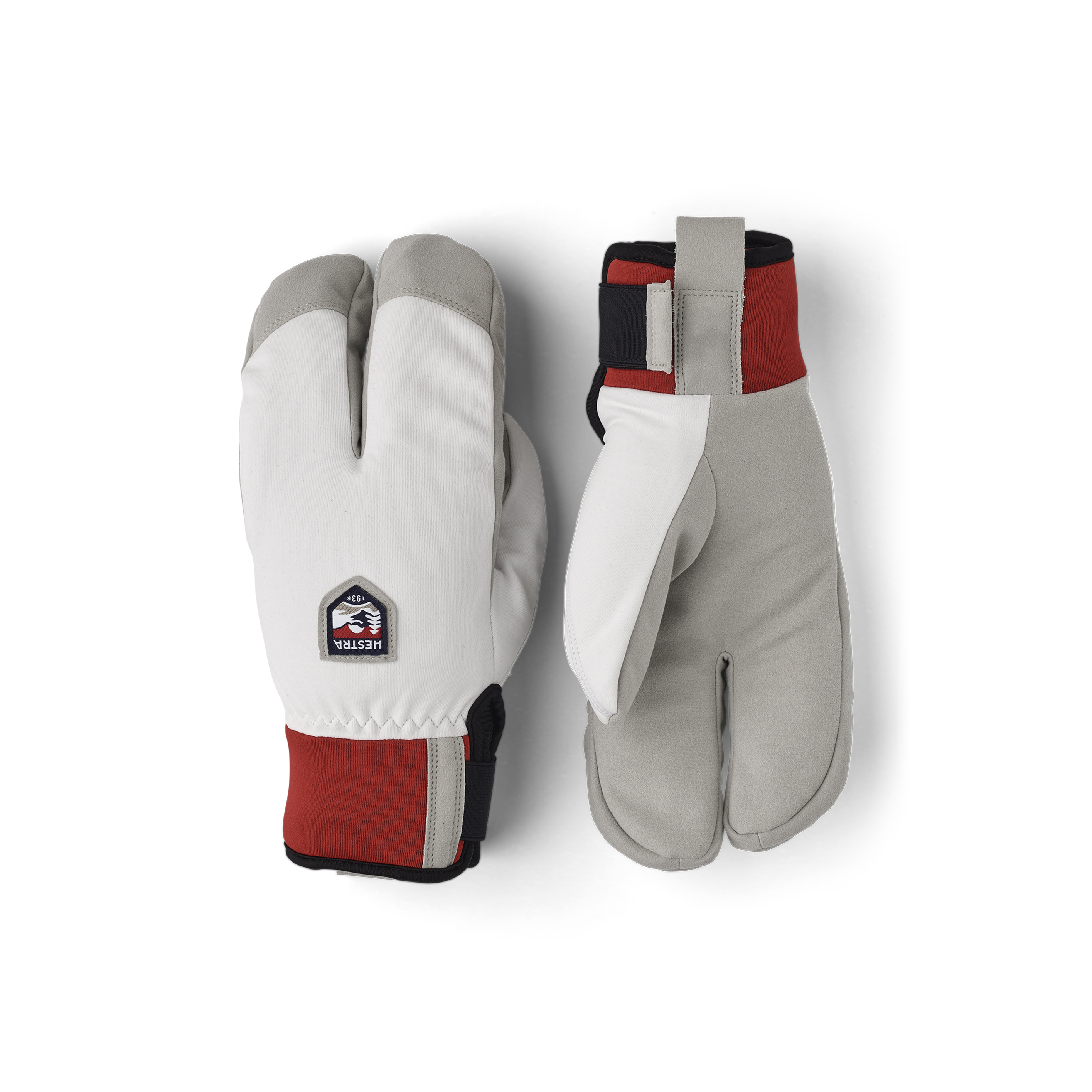 White and red fabric lobster glove with gray synthetic suede palm