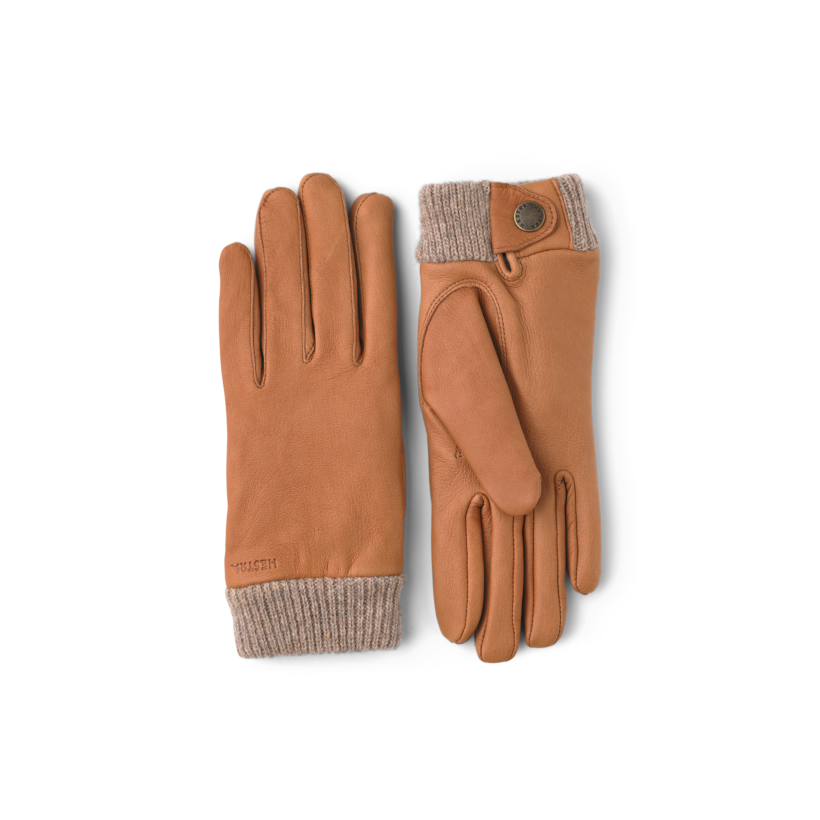 Light brown deerskin glove with knitted cuff