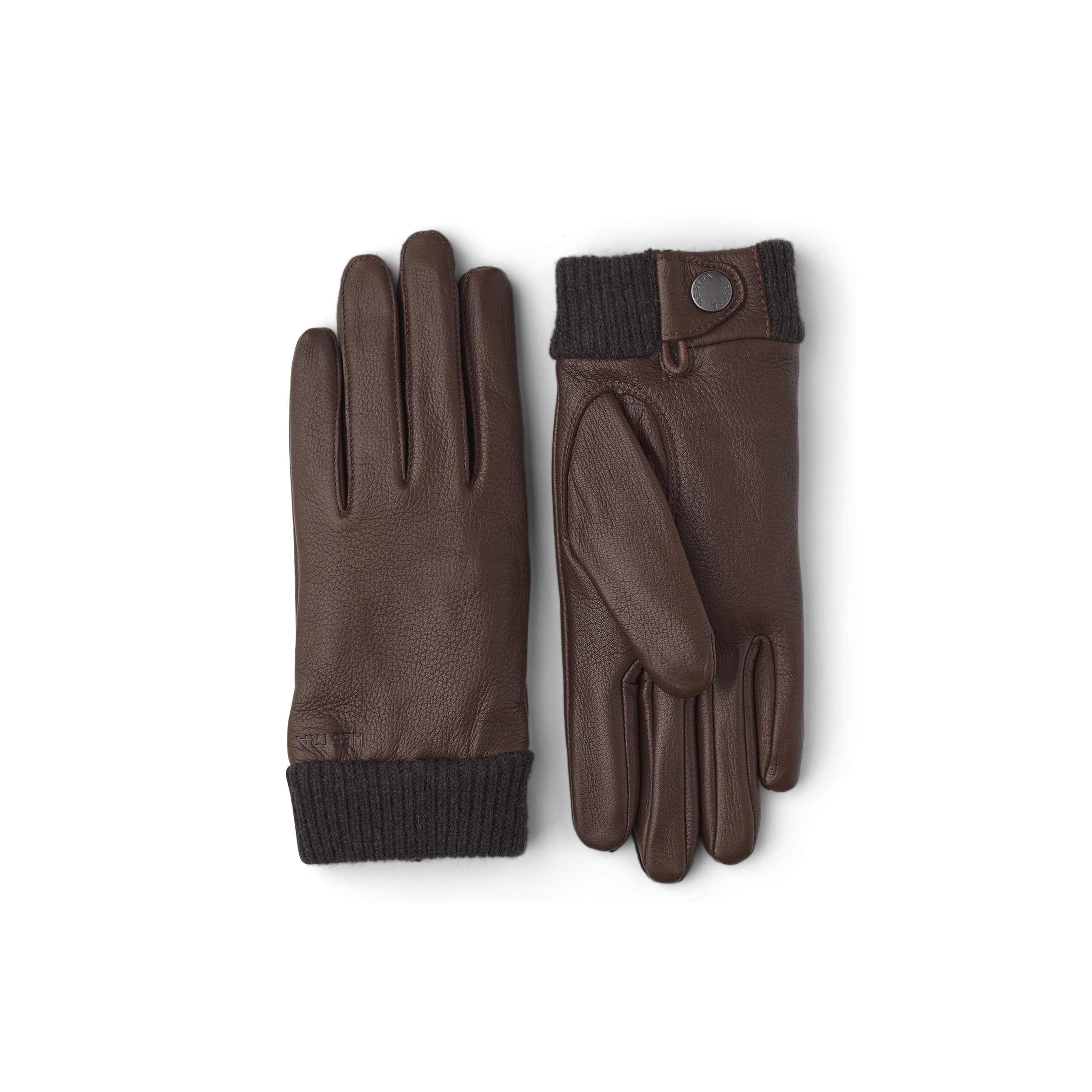 Brown leather glove in deerskin with knitted cuff.