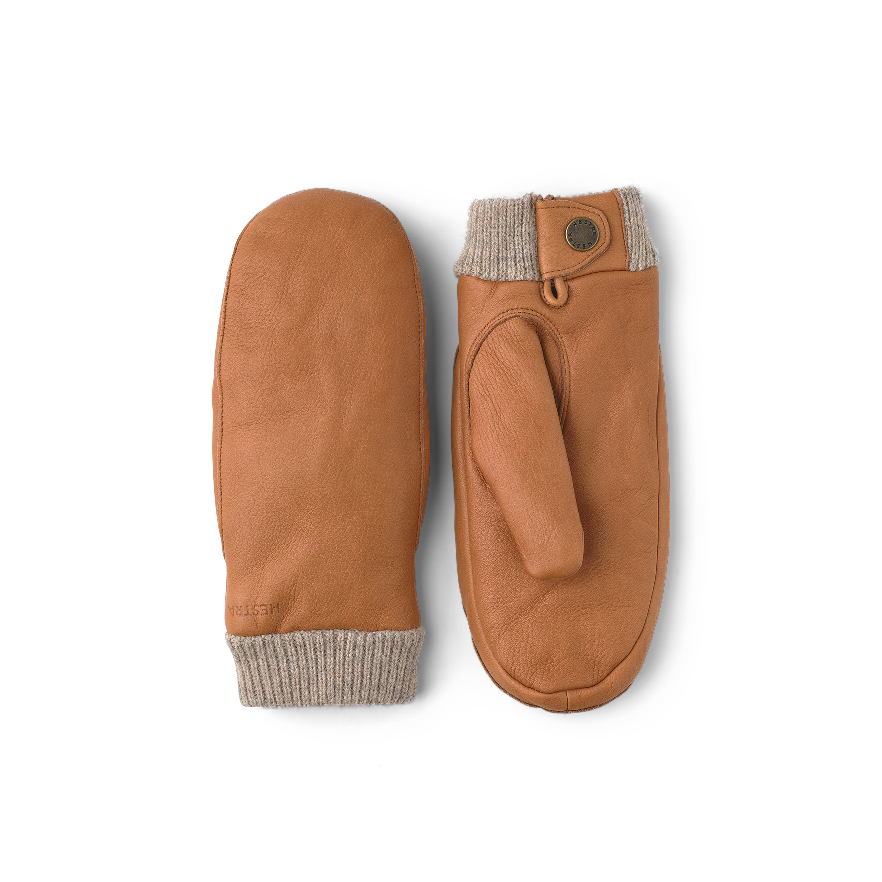 Light brown deerskin mitten with knitted cuff