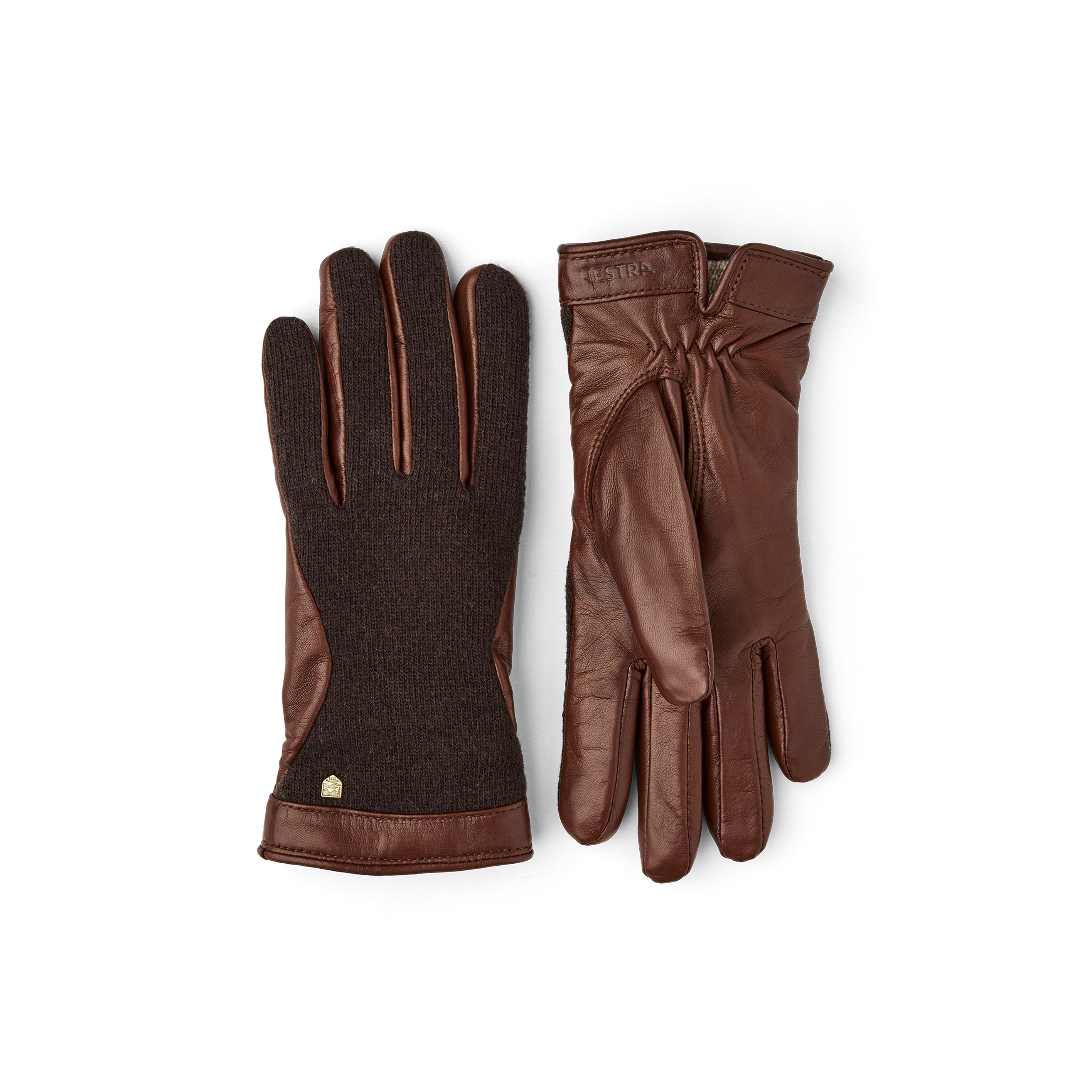 Brown hairsheep leather glove with knitted dark brown wool jersey back