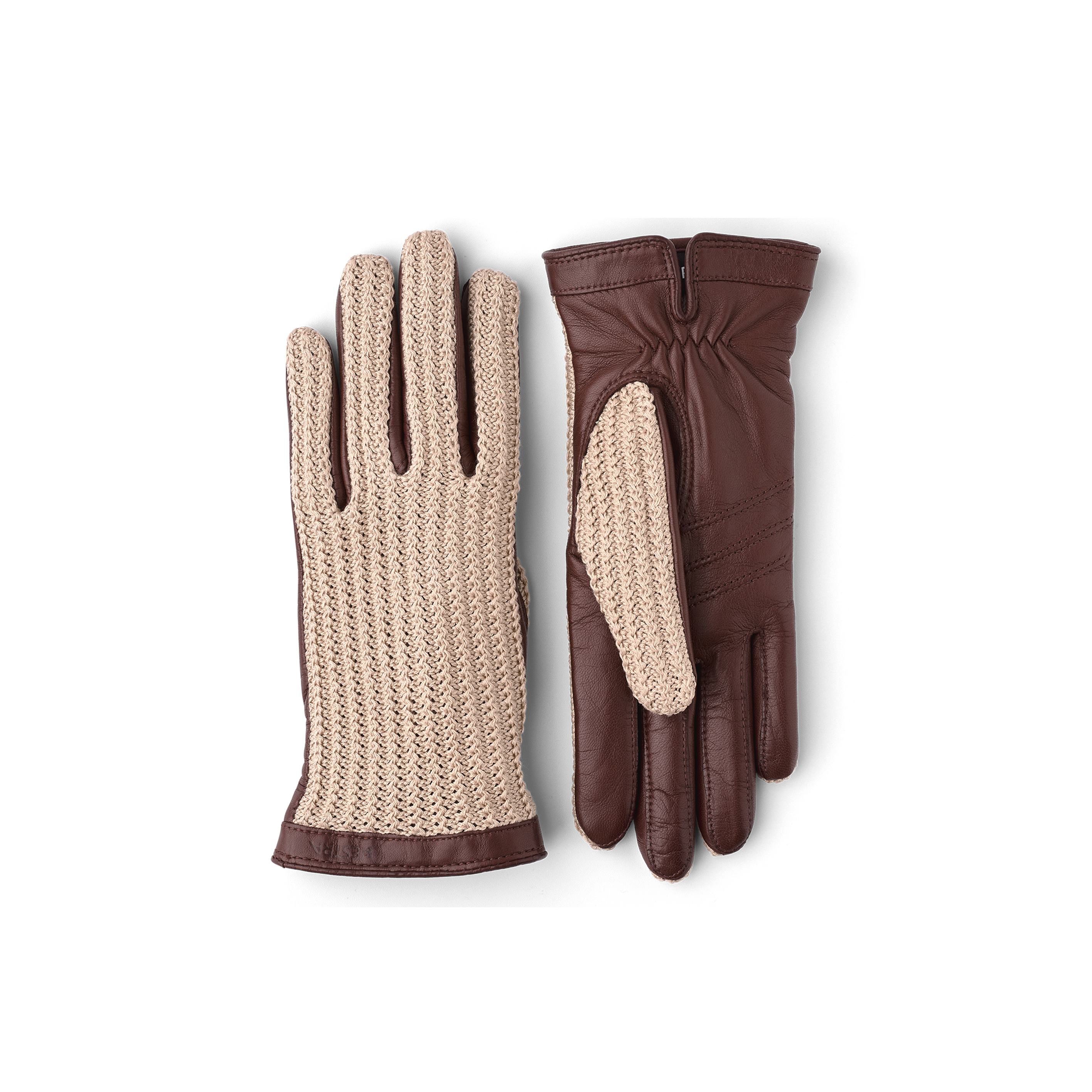 Brown machine-sewn leather glove with beige crocheted cotton back