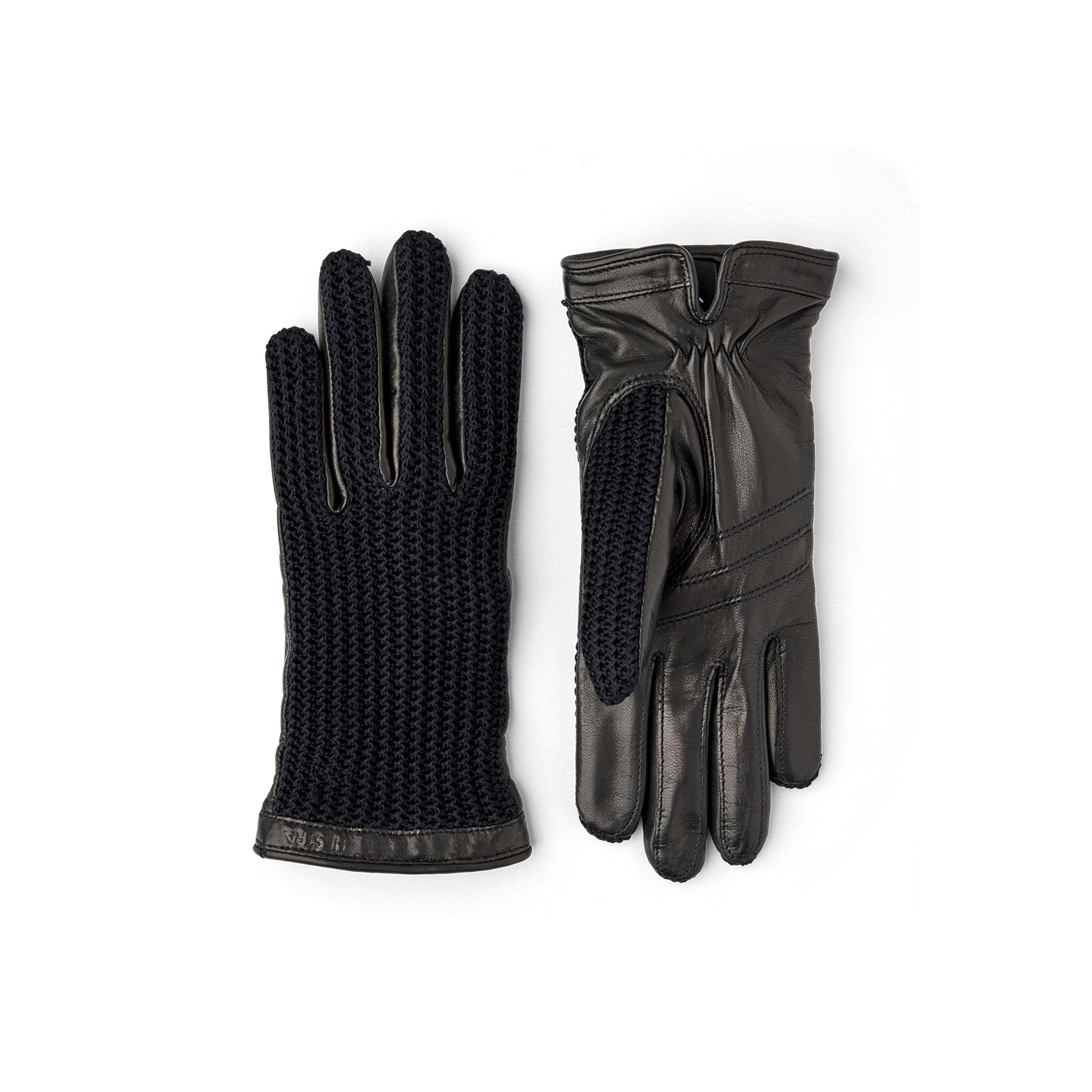 Black machine-sewn leather glove with crocheted cotton back