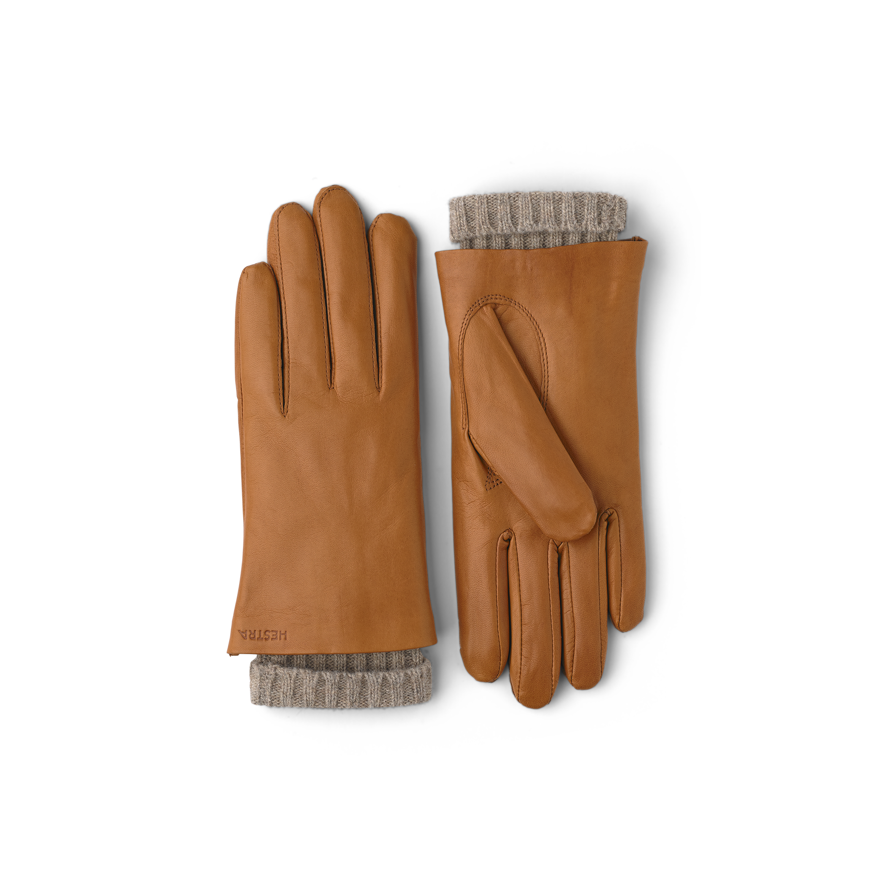 Light brownish-yellow machine-sewn hairsheep leather glove with knitted cuff