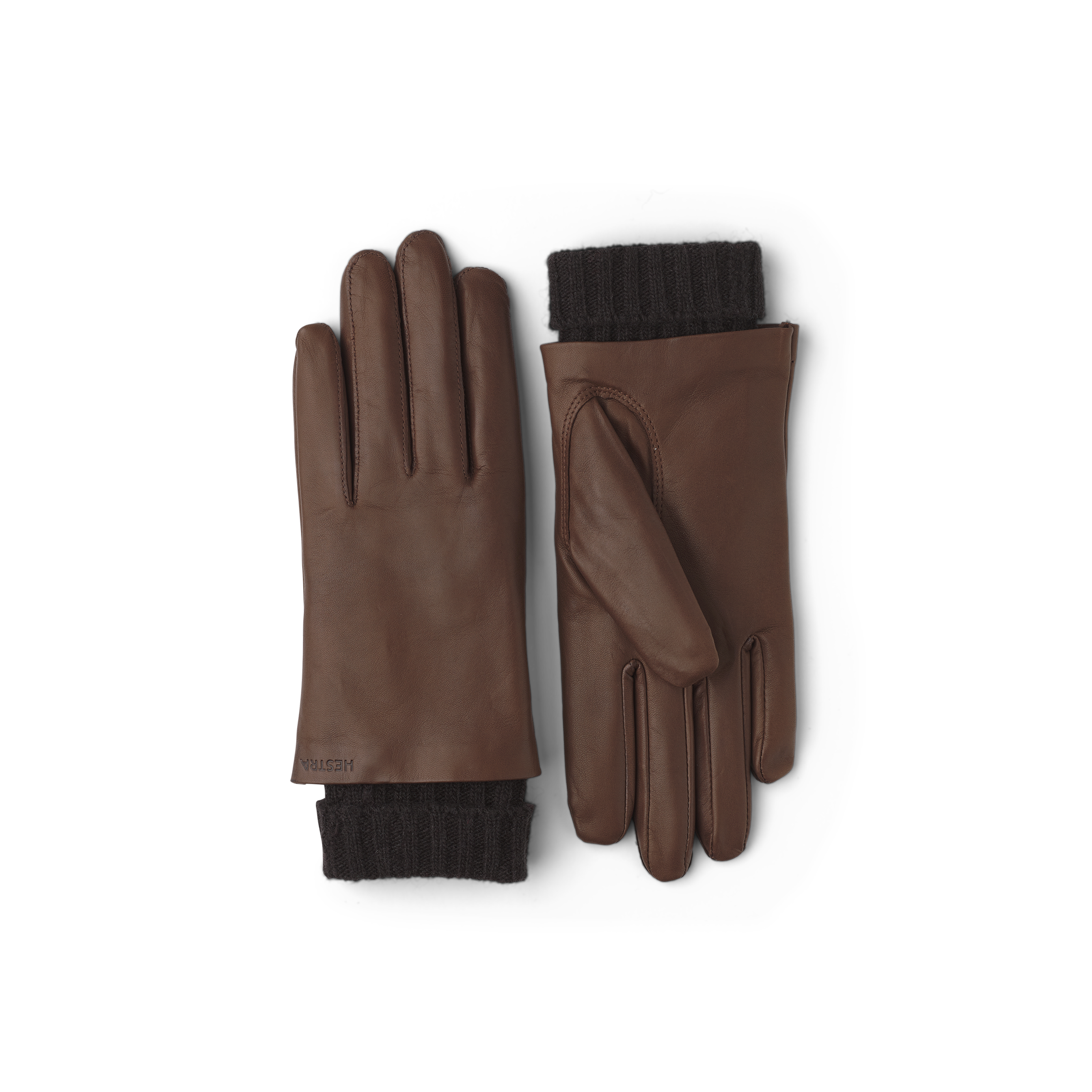 Brown machine-sewn hairsheep leather glove with knitted cuff
