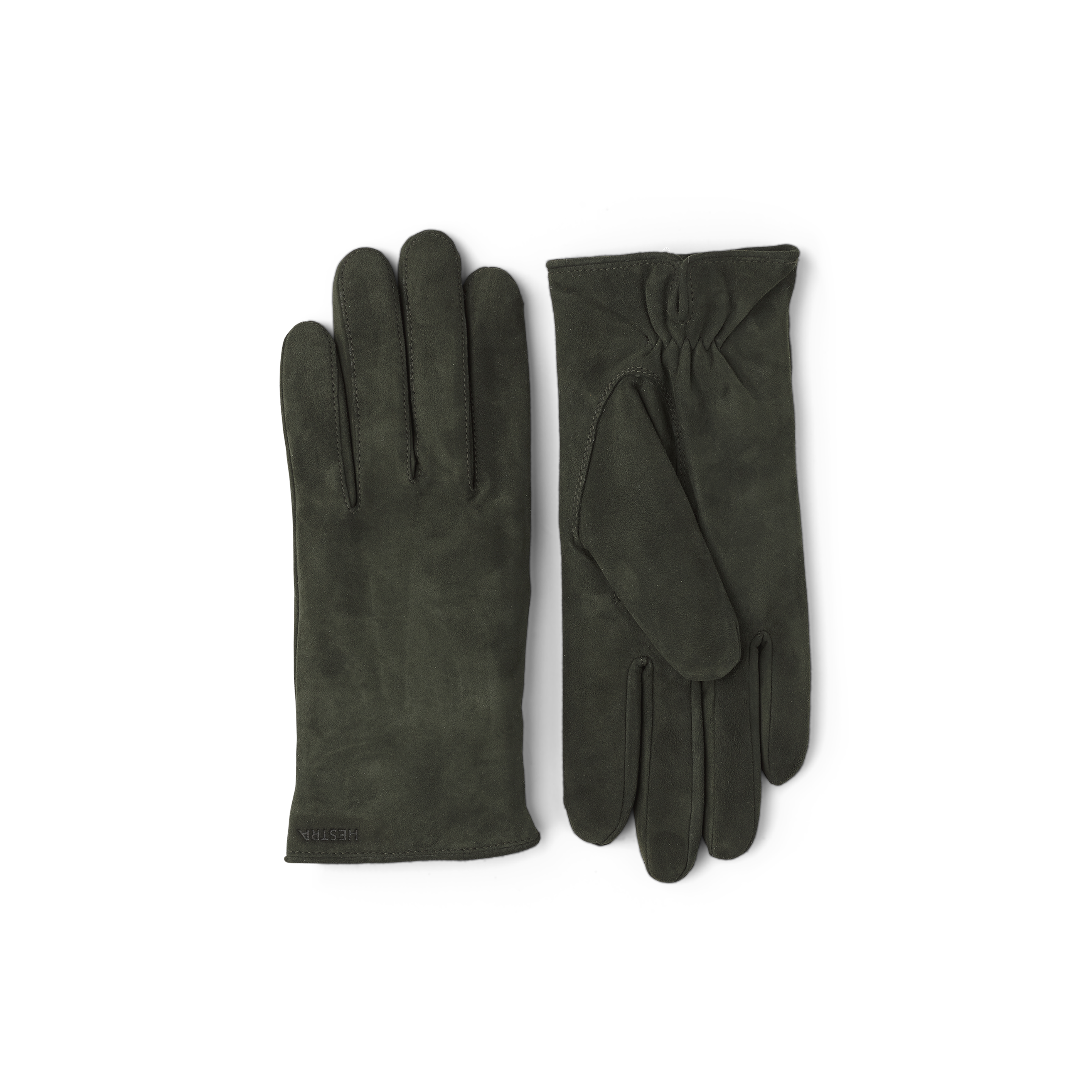 Dark olive green machine-sewn suede glove