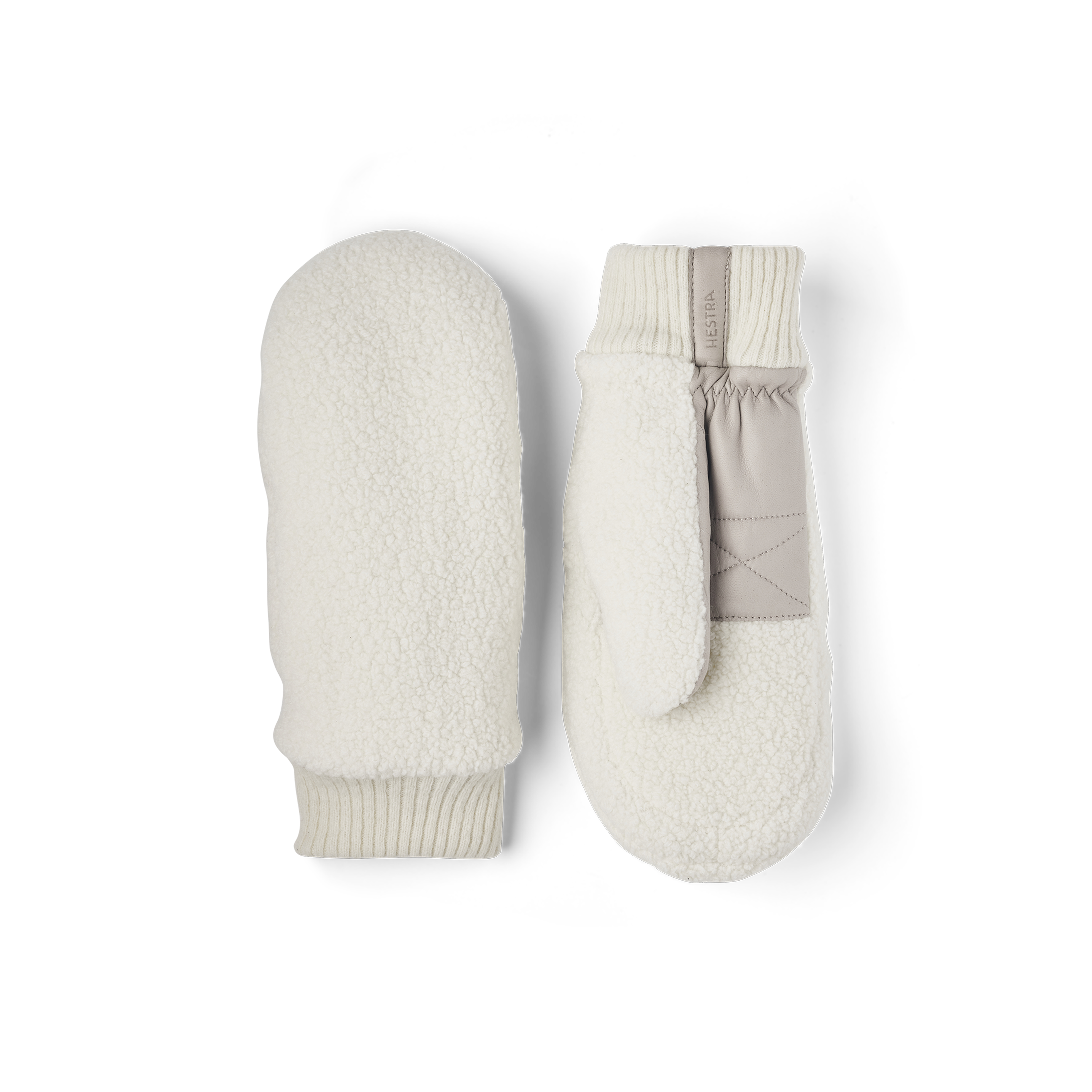 White teddy fleece mitten with light gray hairsheep leather palm