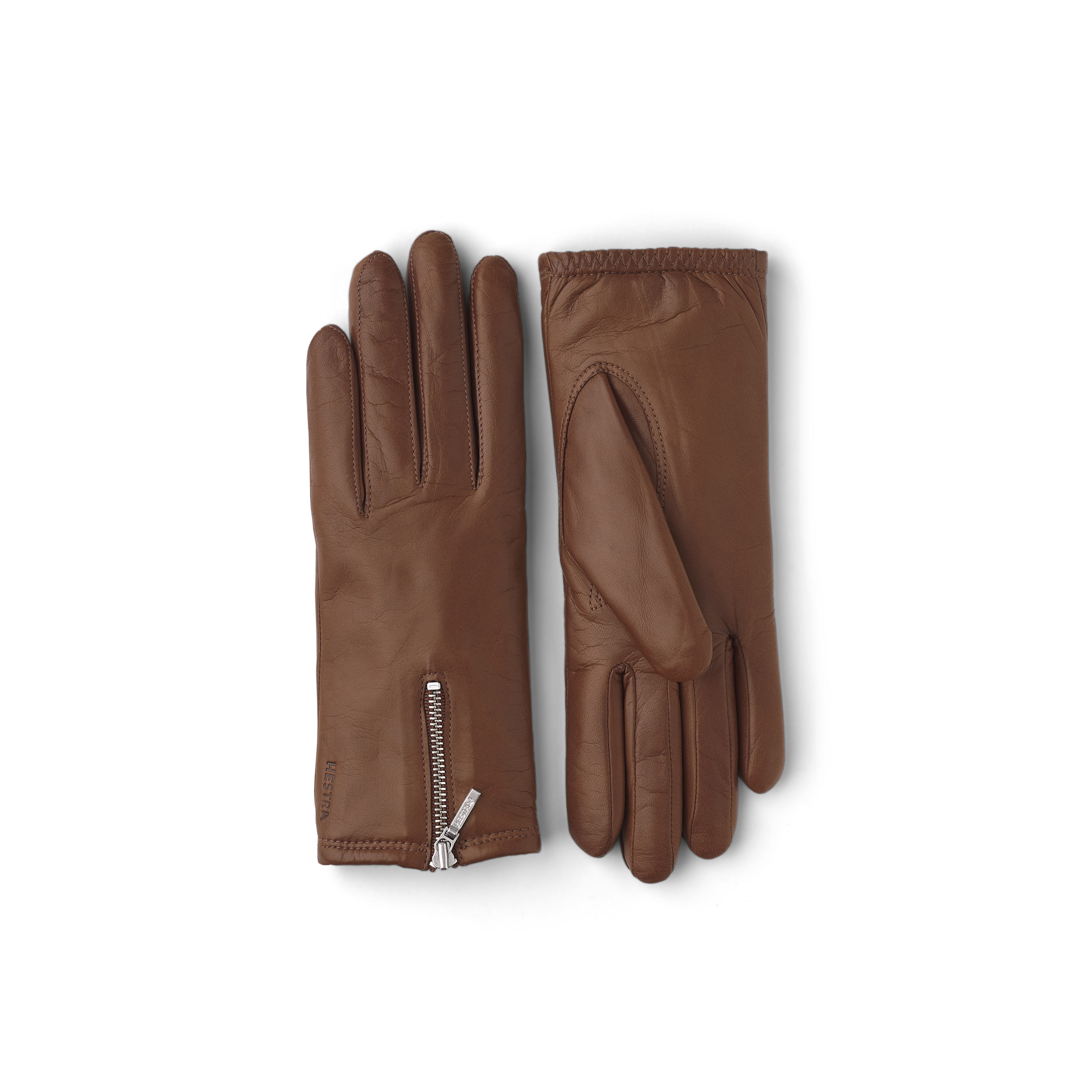 Medium brown machine-sewn hairsheep leather glove with zip