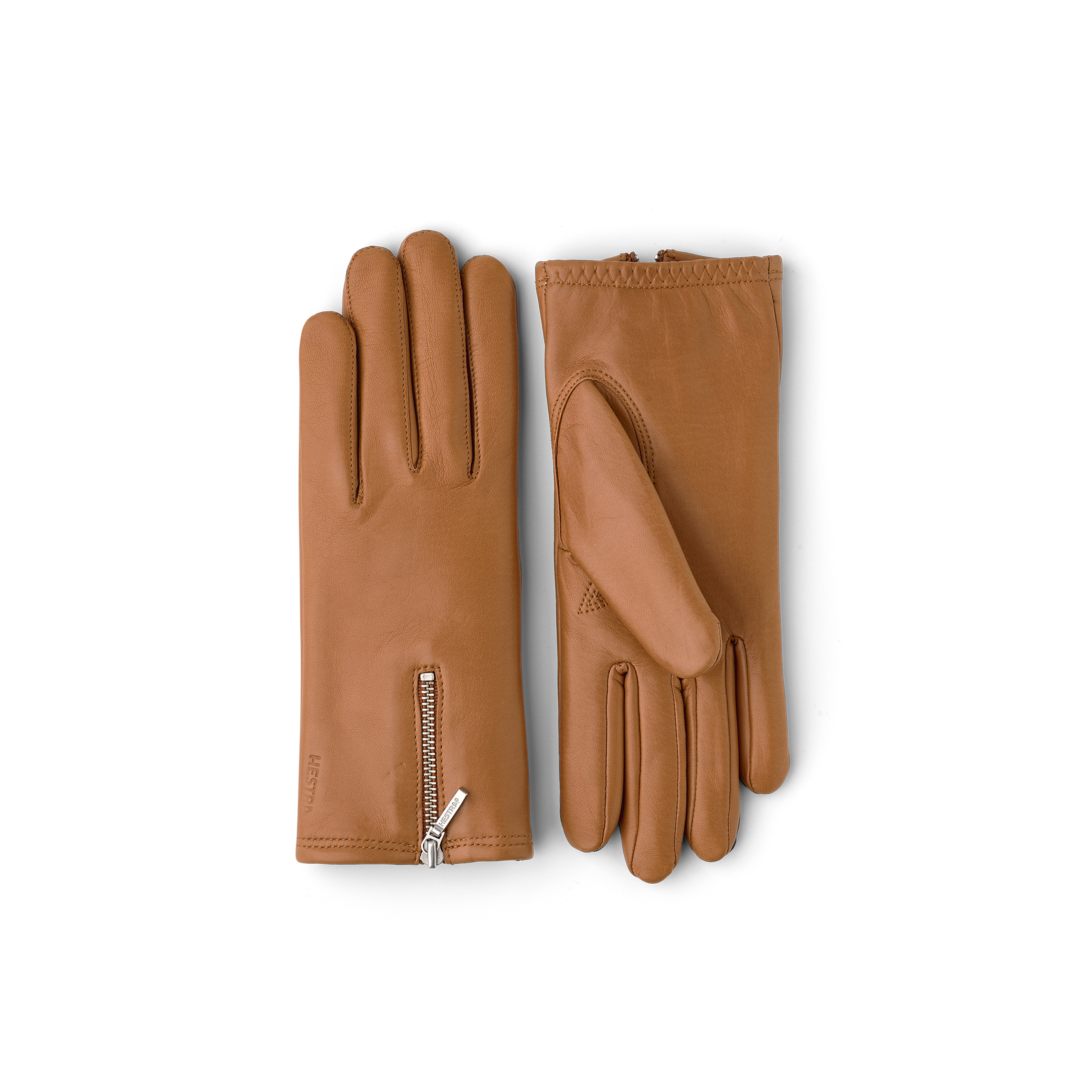 Light brownish-yellow machine-sewn hairsheep leather glove with zip