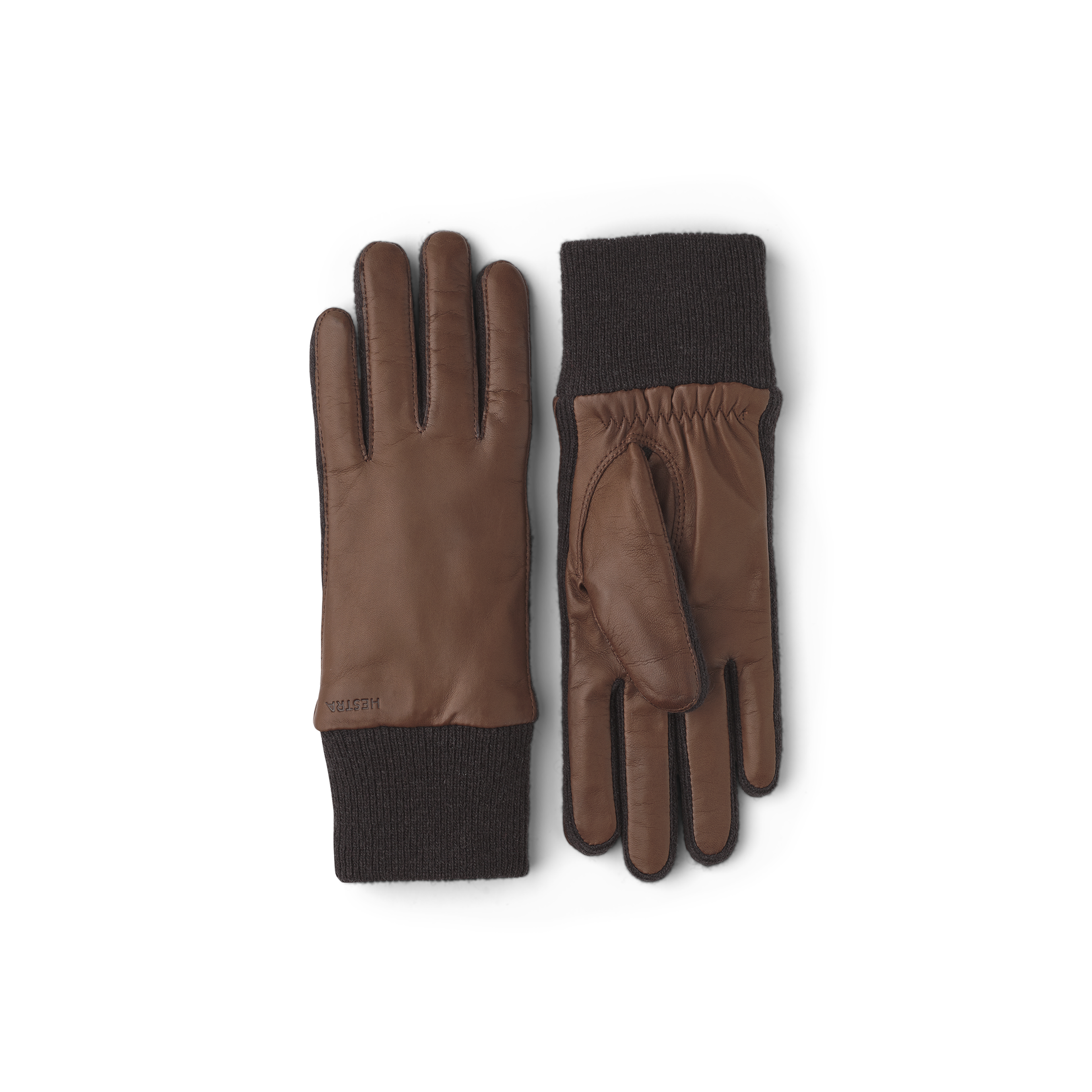 Brown machine-sewn hairsheep leather glove with dark brown knitted cuff and sides