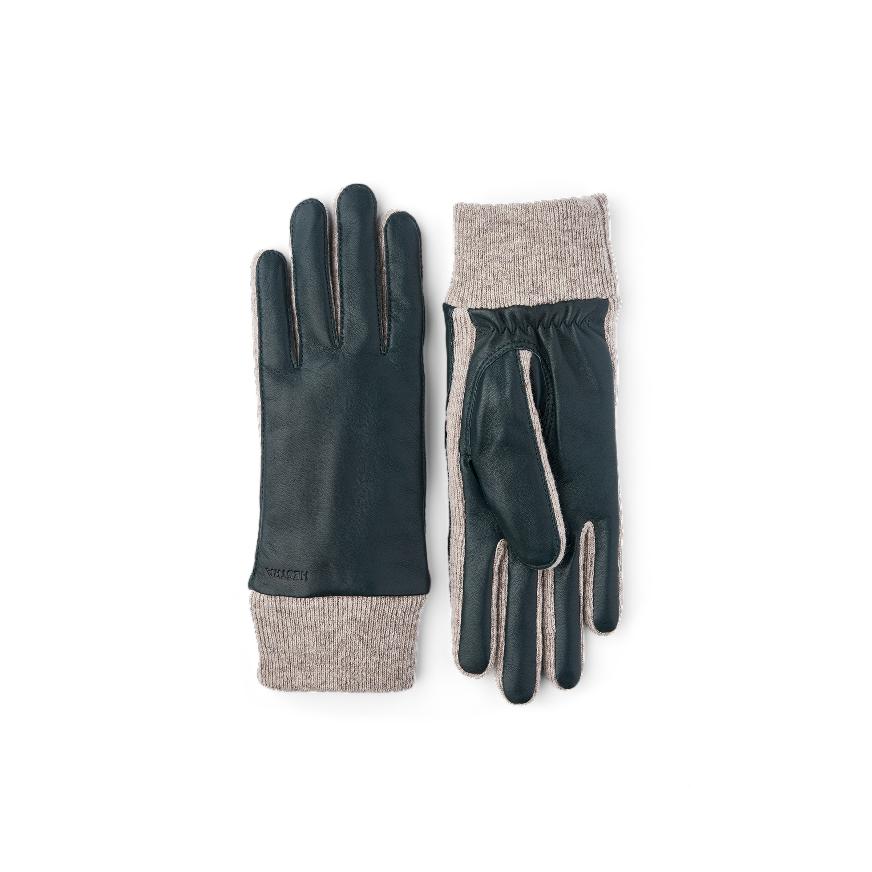 Dark green machine-sewn hairsheep leather glove with light gray knitted cuff and sides