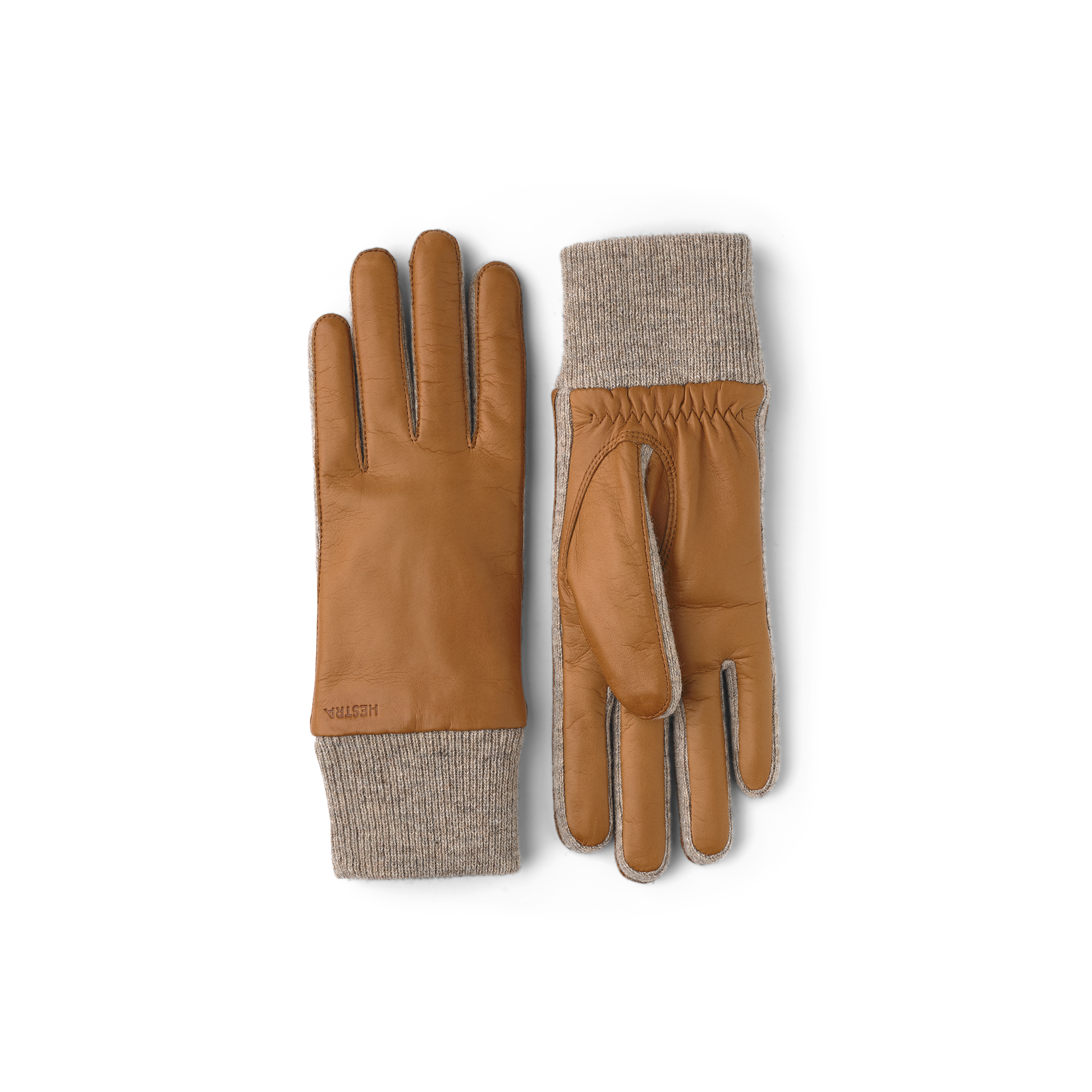 Light brownish-yellow machine-sewn hairsheep leather glove with knitted cuff and sides