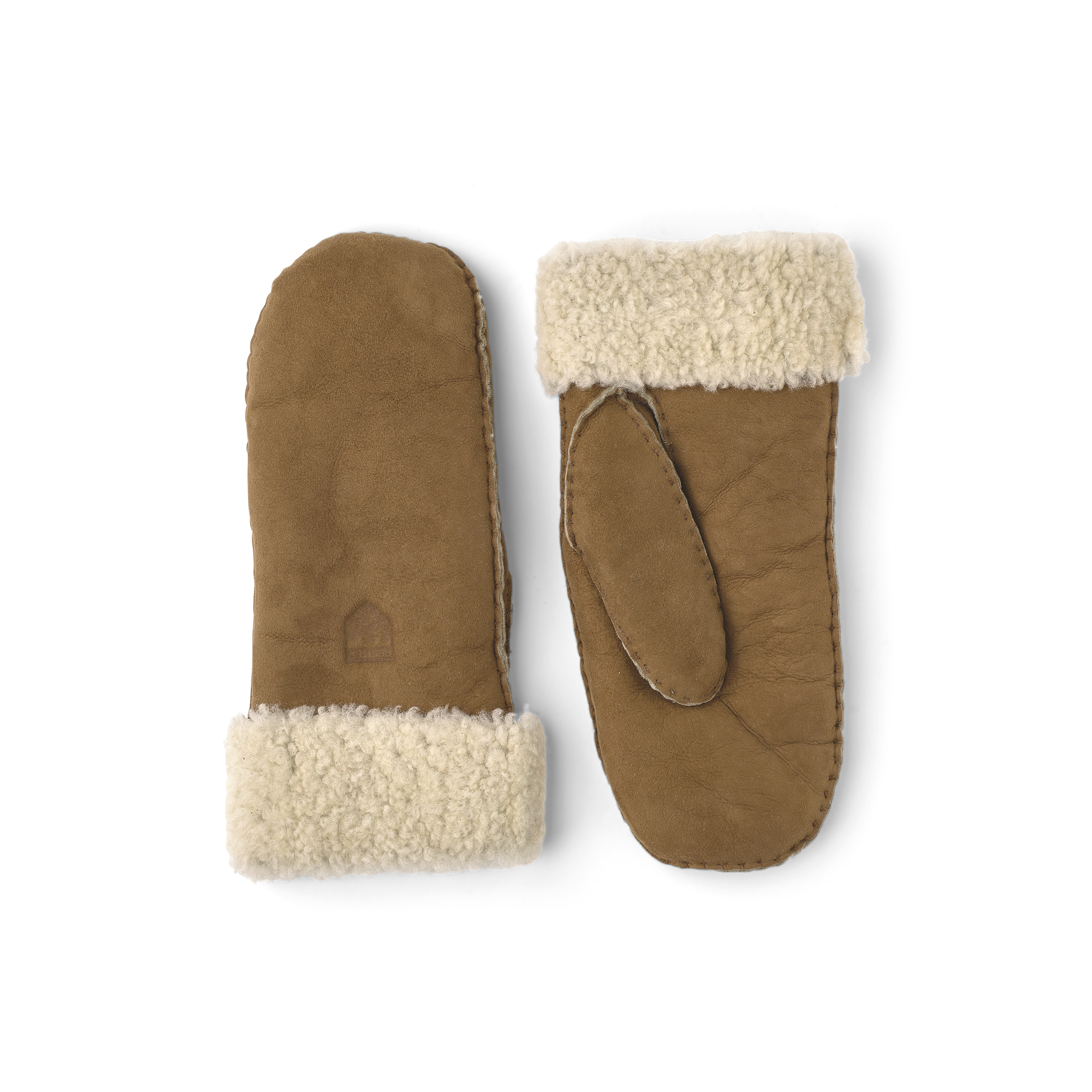 Beige fur suede mitten with folded light beige fur trim