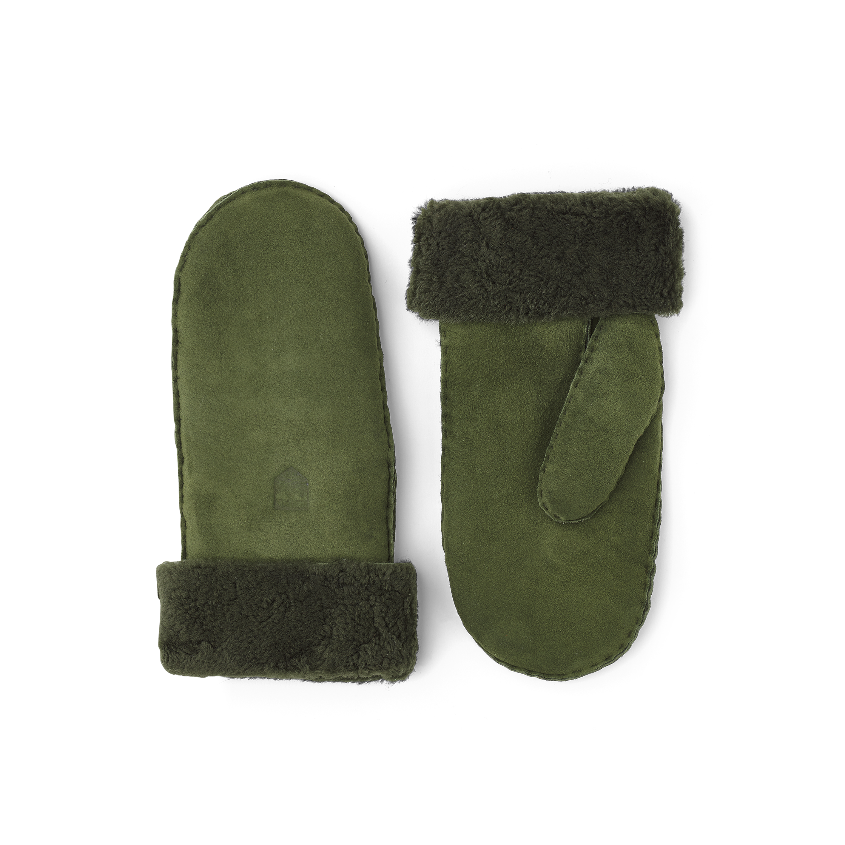 Green fur suede mitten with folded fur trim