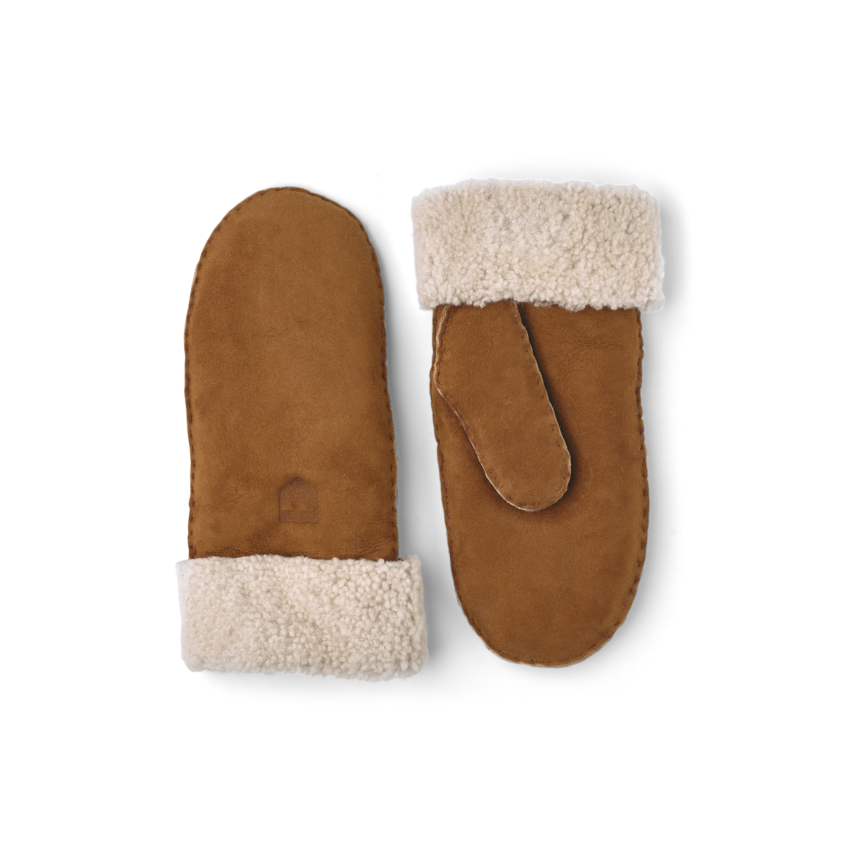 Light brownish-yellow fur suede mitten with folded white fur trim