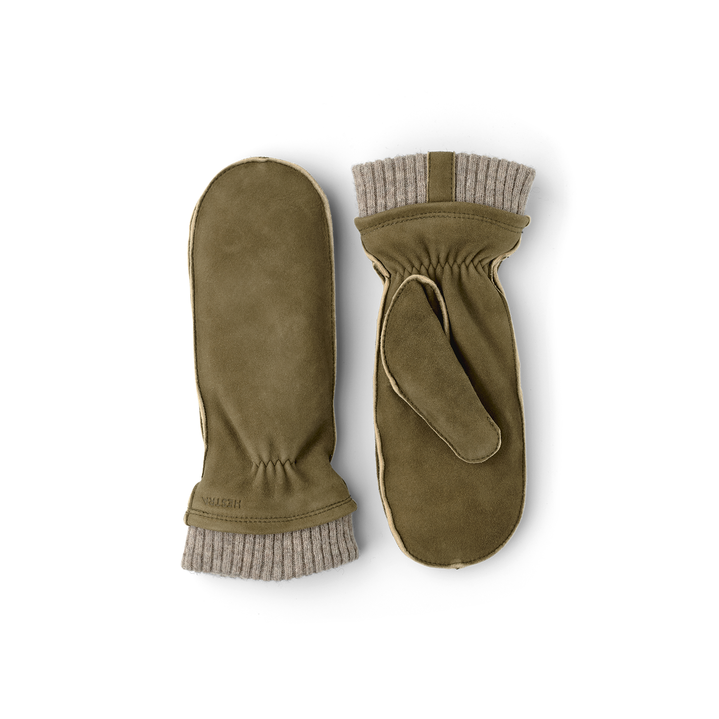 Moss green machine-sewn suede mitten with beige knitted cuff