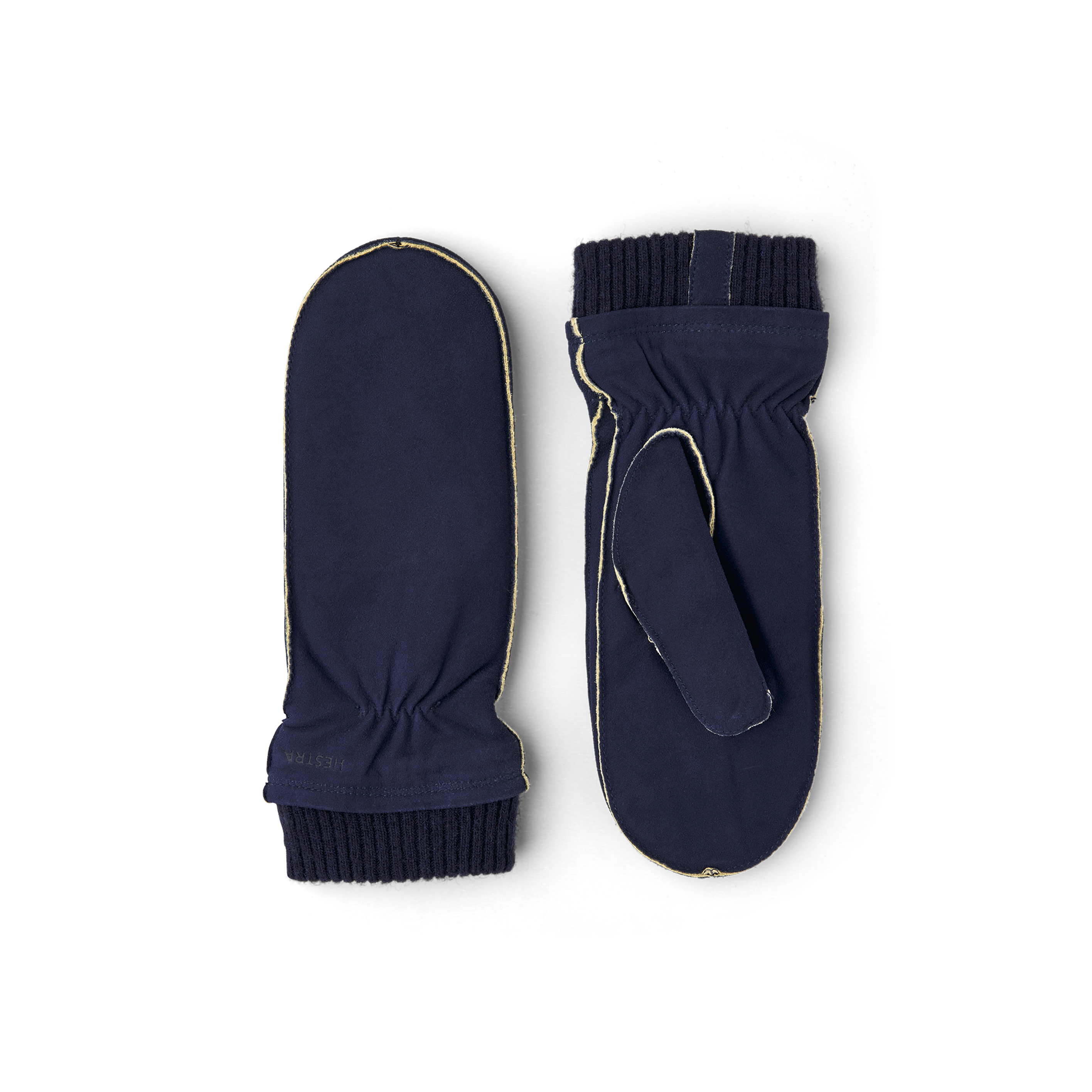 Dark blue machine-sewn suede mitten with knitted cuff