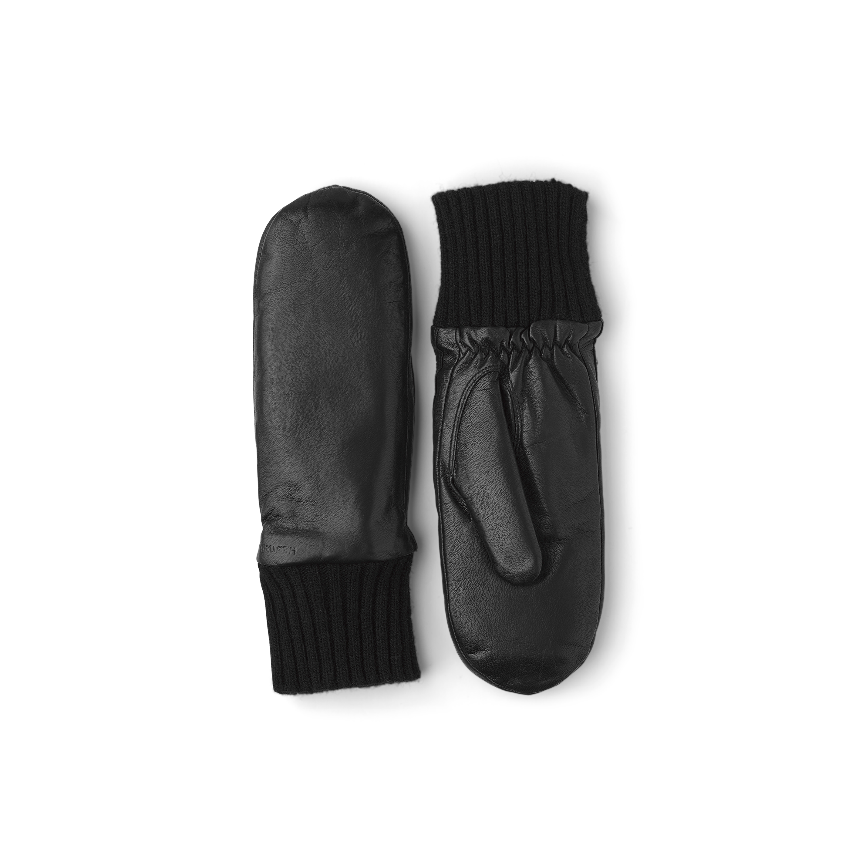 Black machine-sewn hairsheep leather mitten with knitted cuff