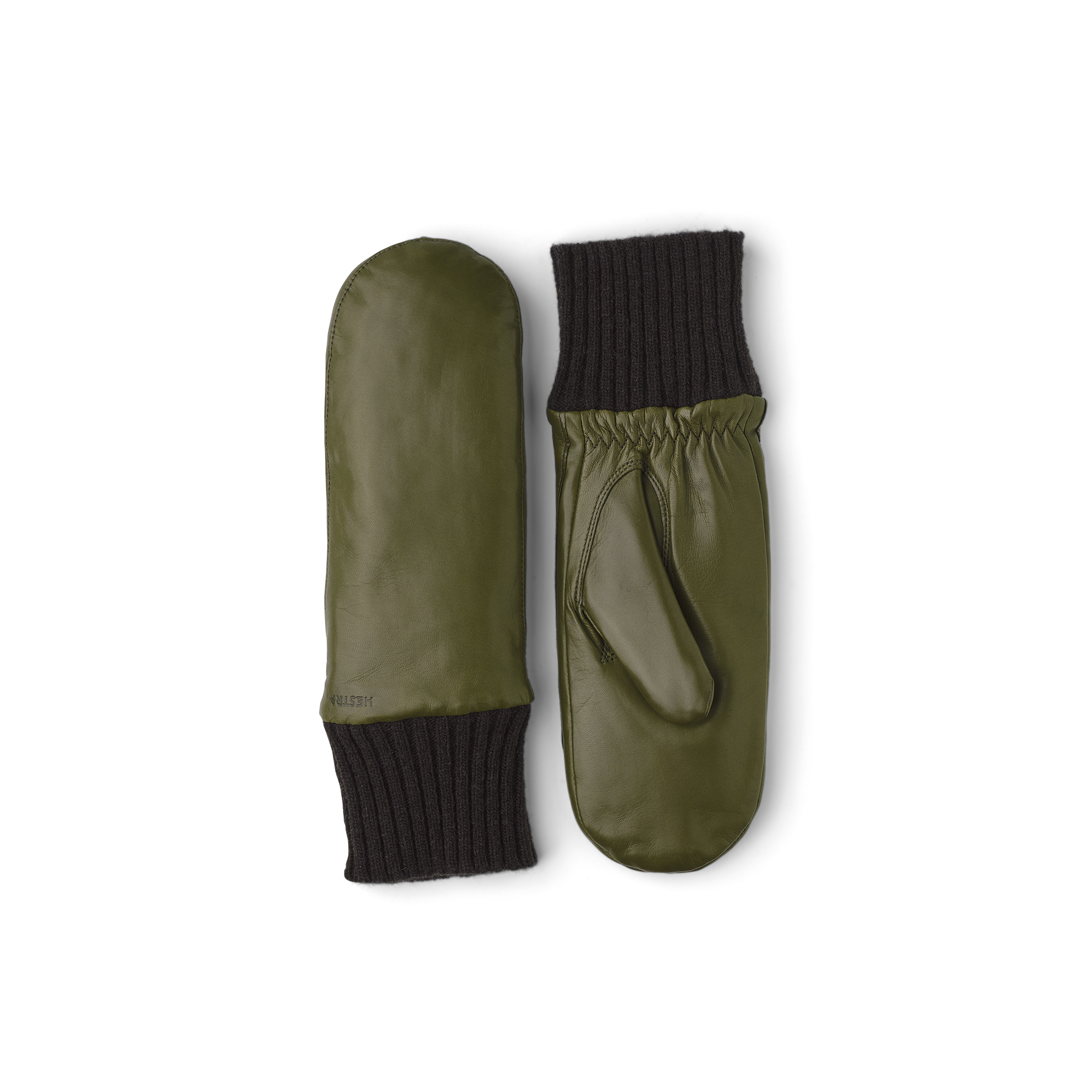 Moss green machine-sewn hairsheep leather mitten with brown knitted cuff