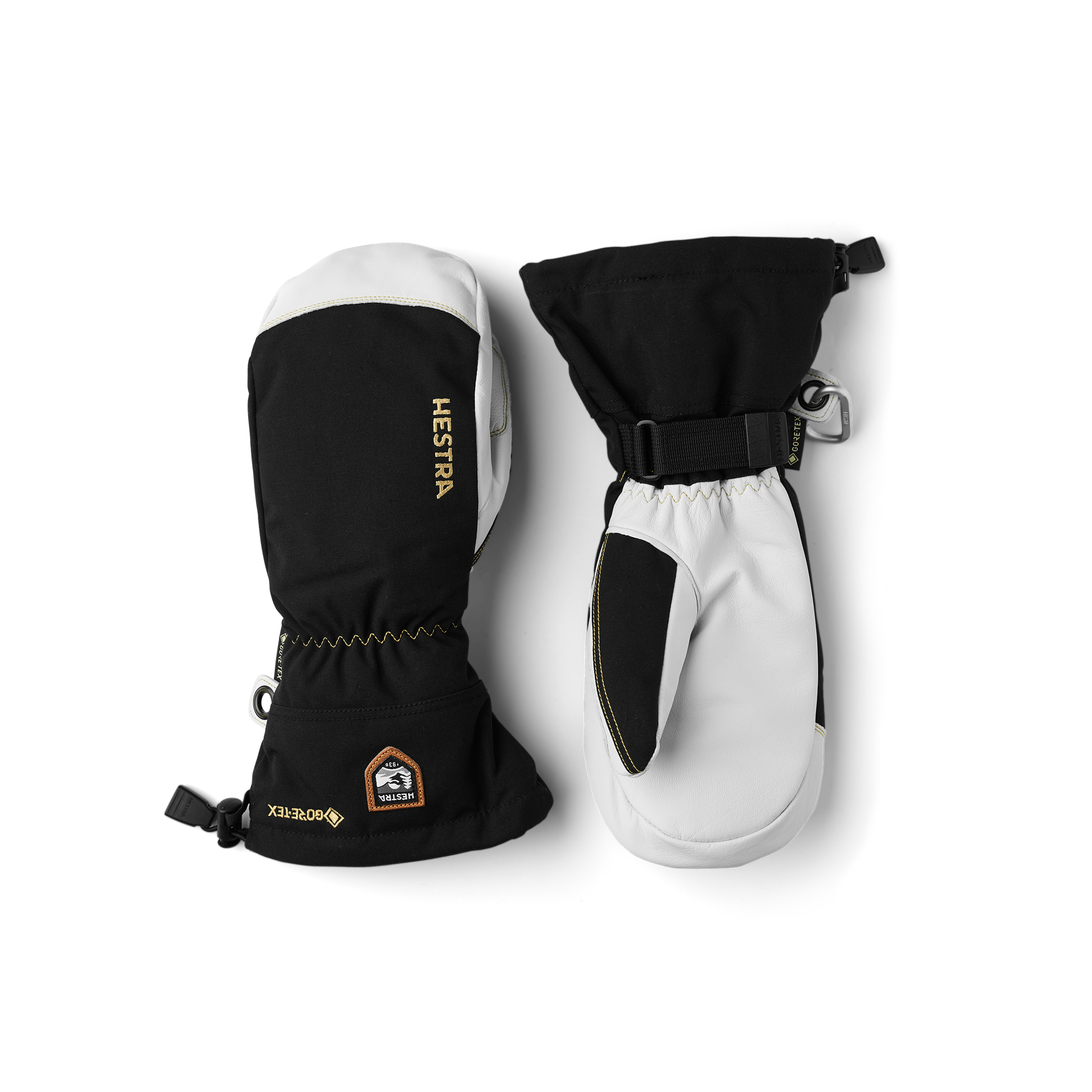 Black mitten with white goat leather palm and wrist adjustment