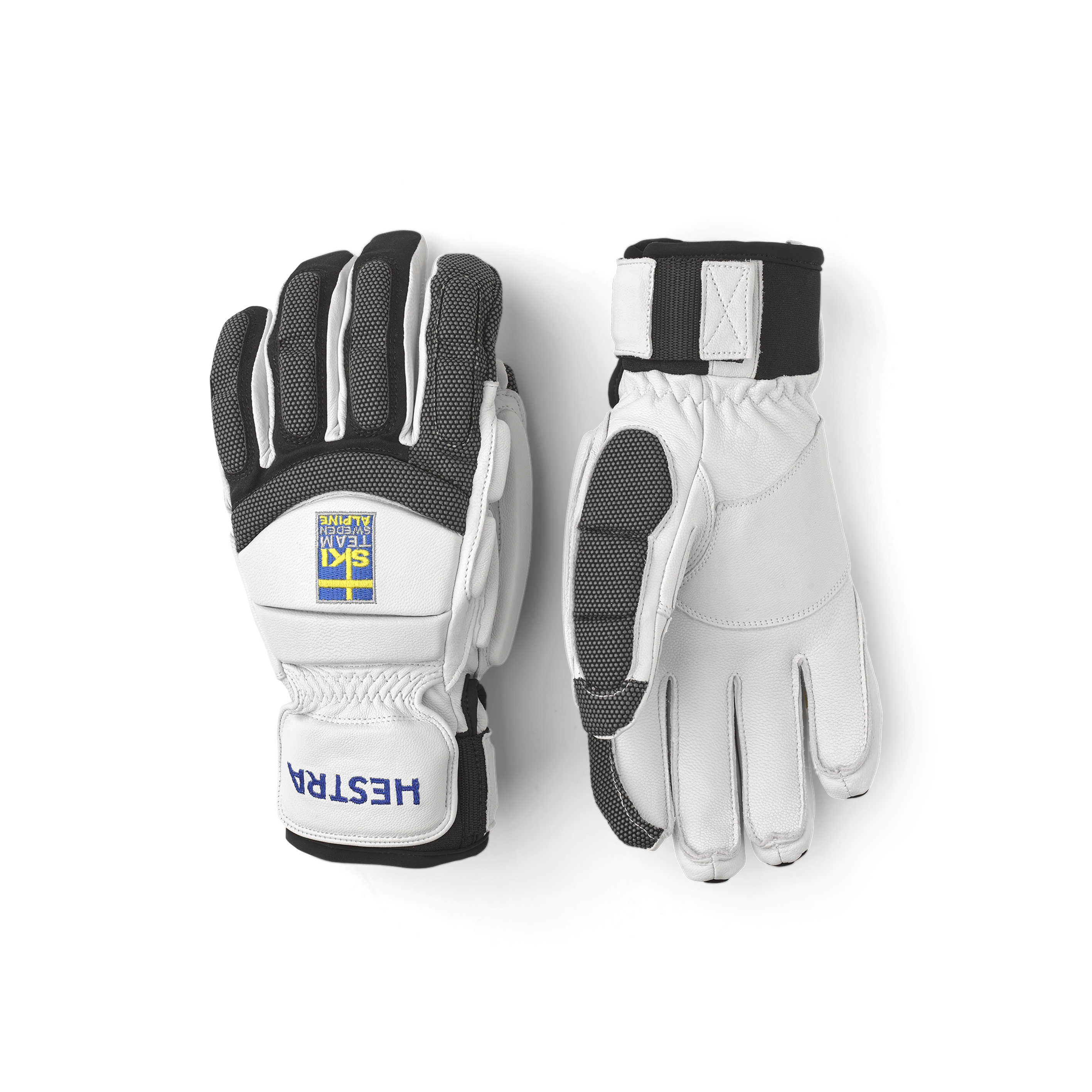 White goat leather ski glove with gray backhand protection
