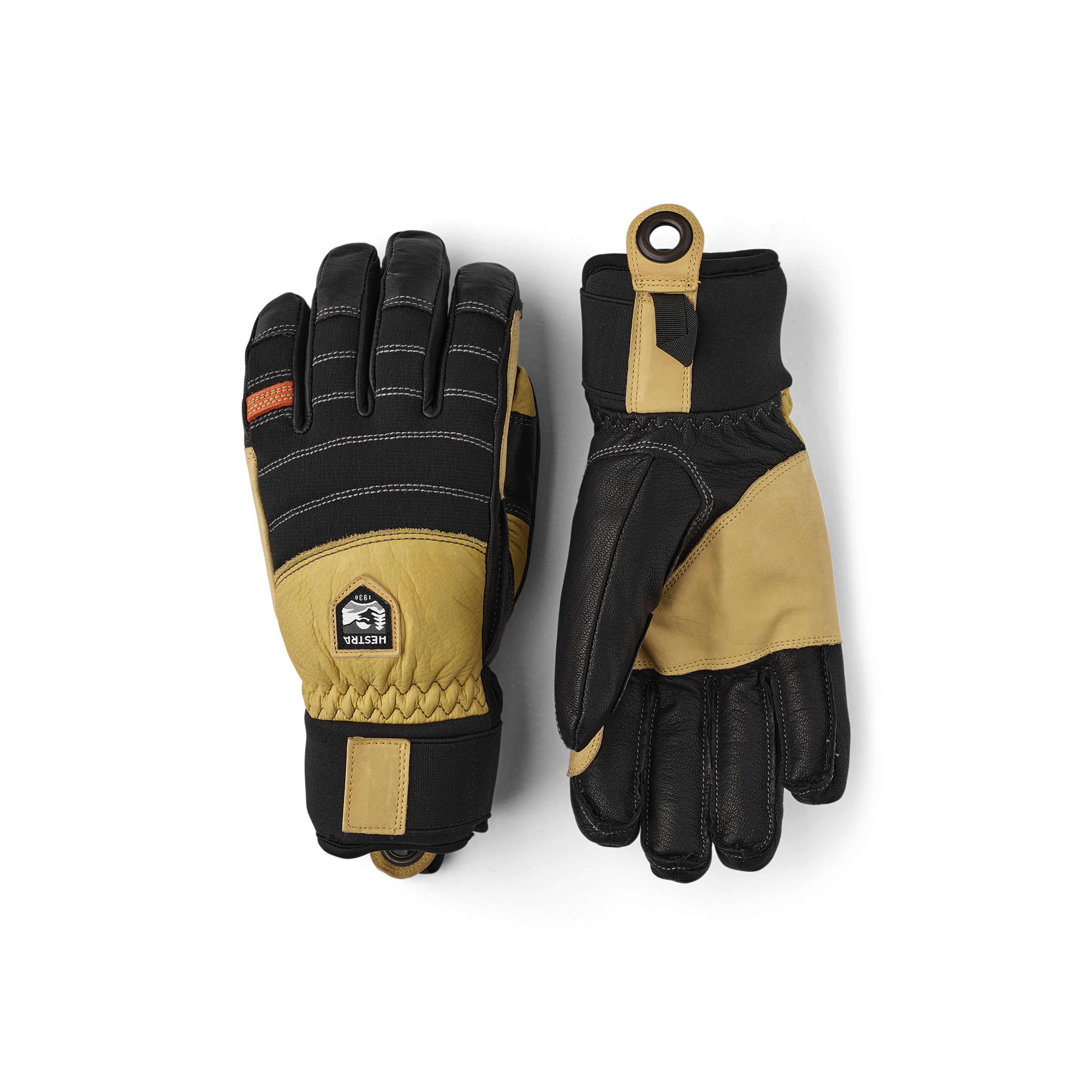 Black goat leather glove with yellow leather sections and neoprene cuff