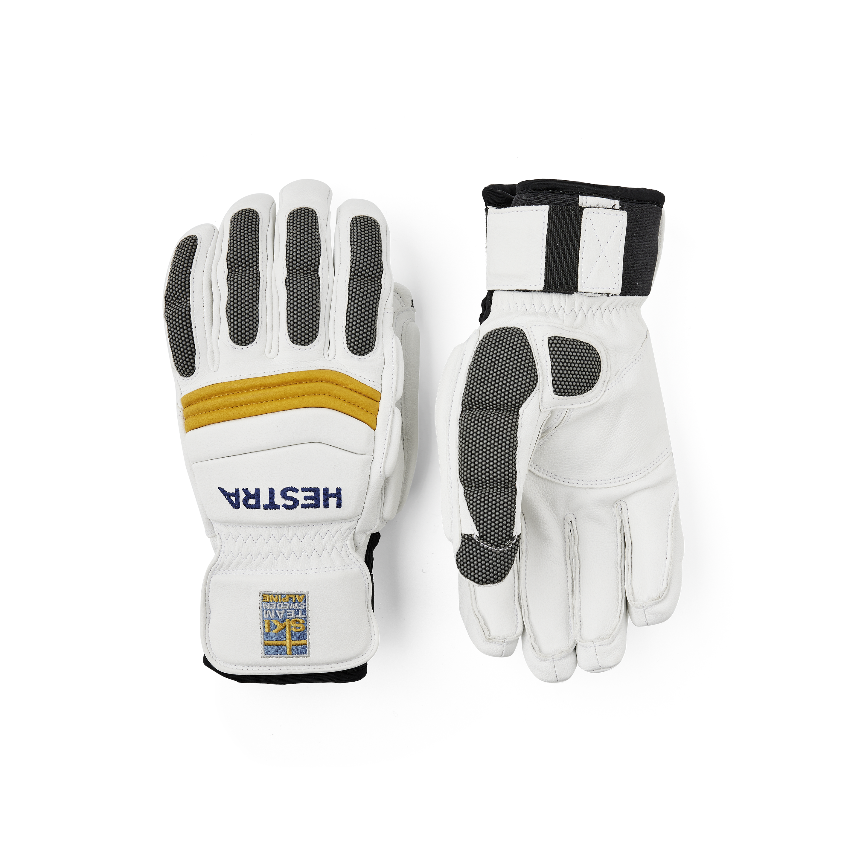 White goat leather ski glove with gray backhand protection