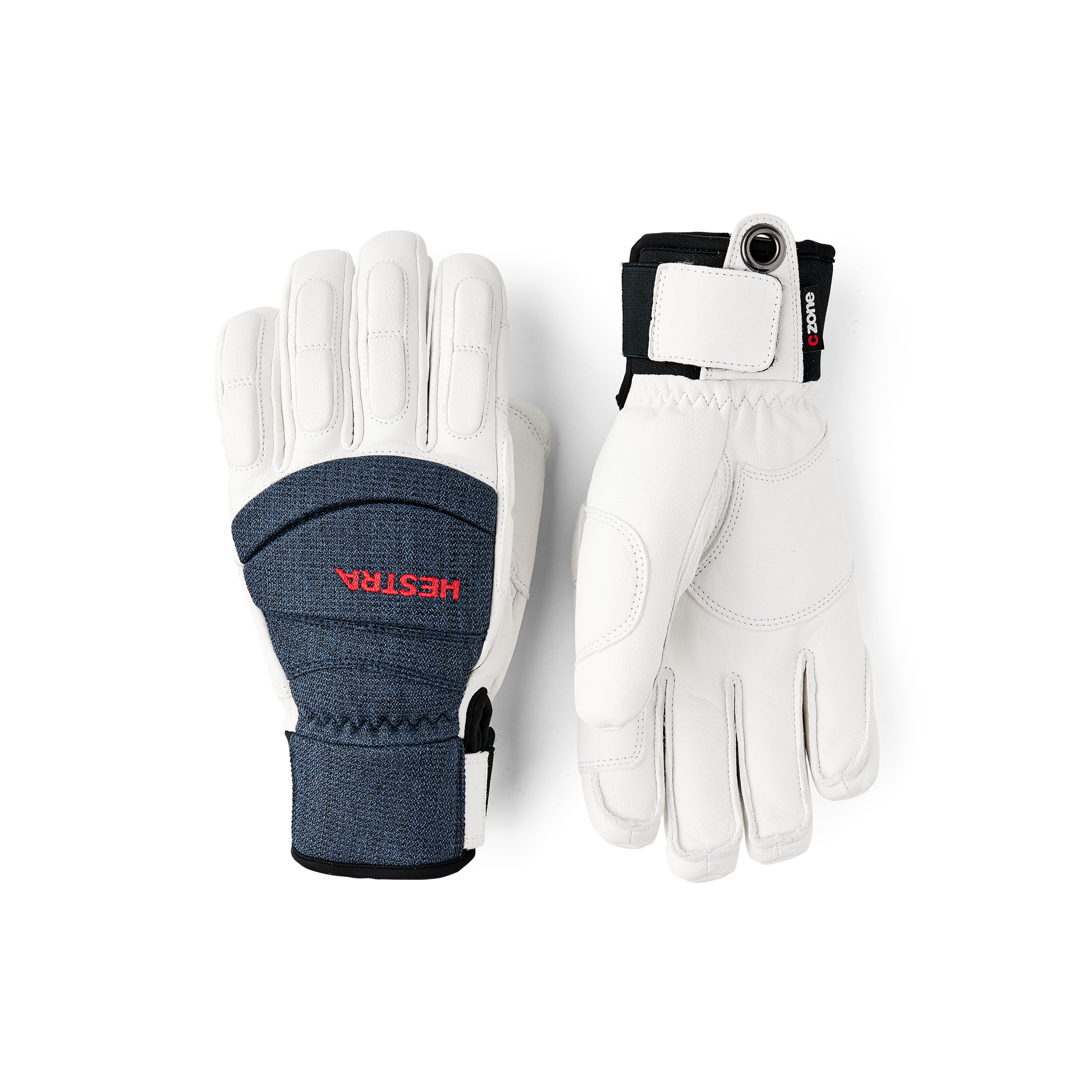 White goat leather ski glove with dark blue fabric back with shock-absorbing panels.
