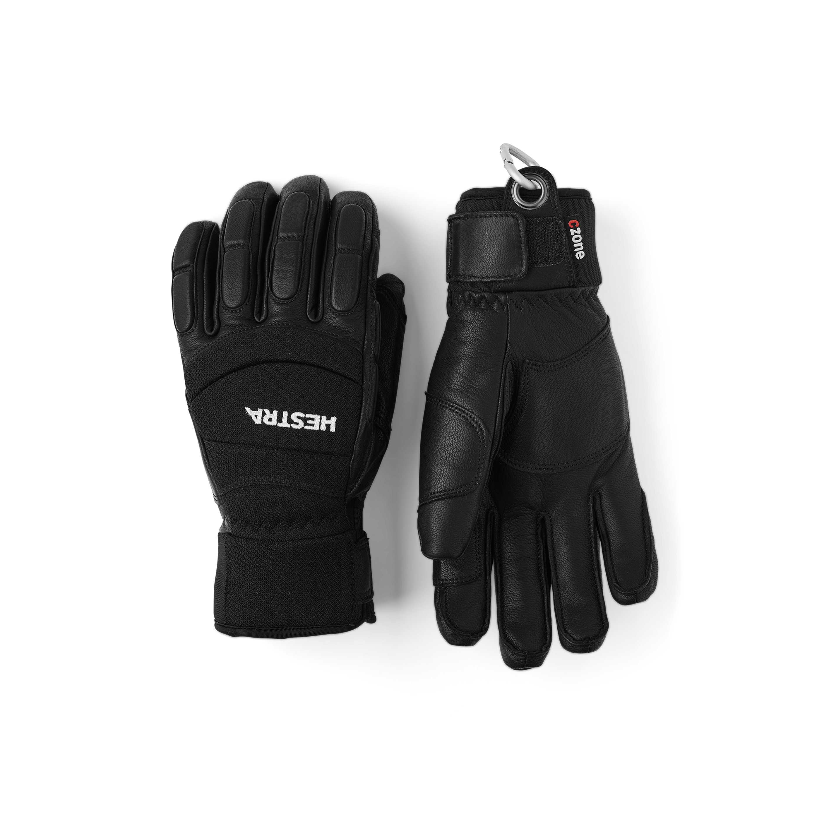 Black goat leather ski glove with black fabric back with shock-absorbing panels.