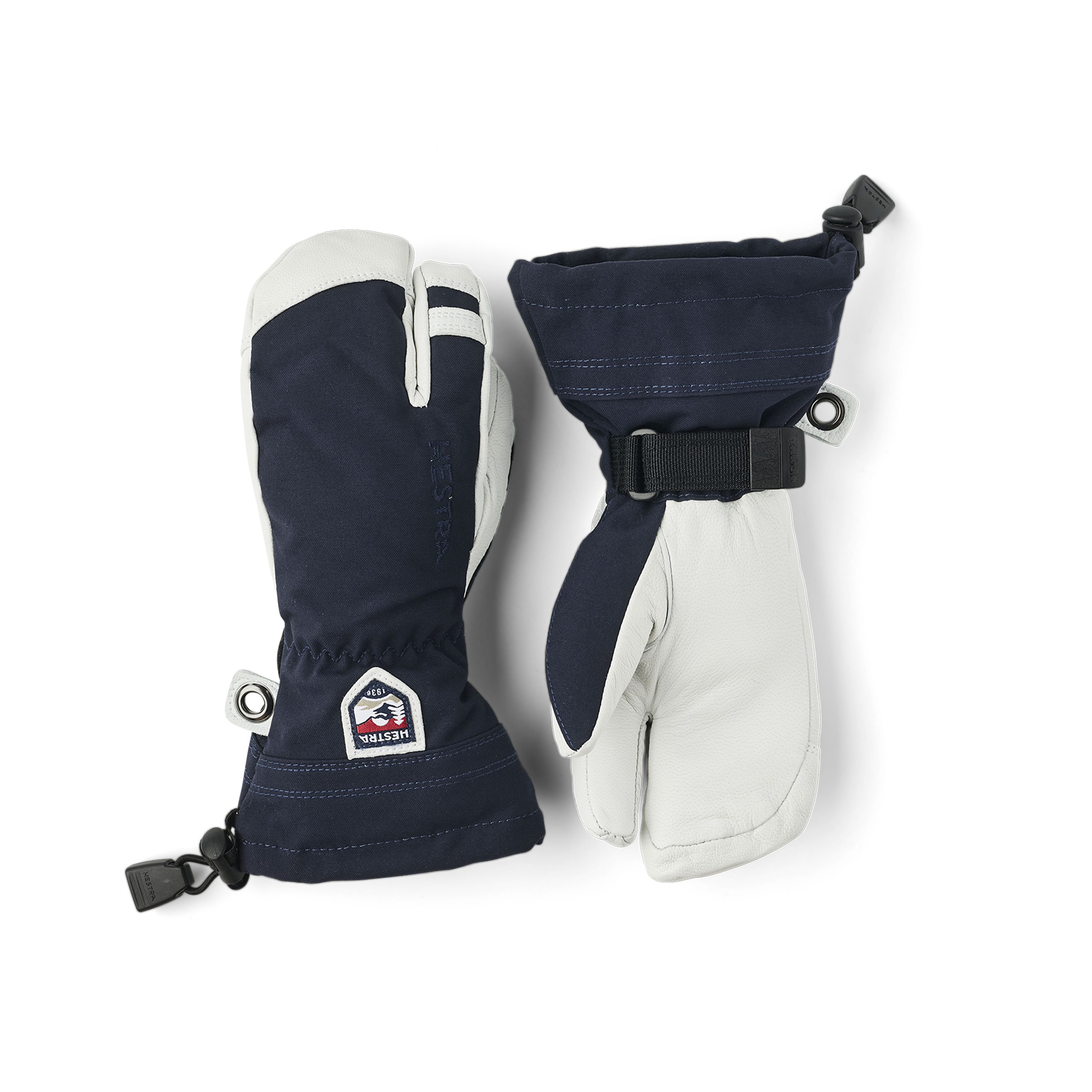 Dark blue three finger glove with white goat leather palm