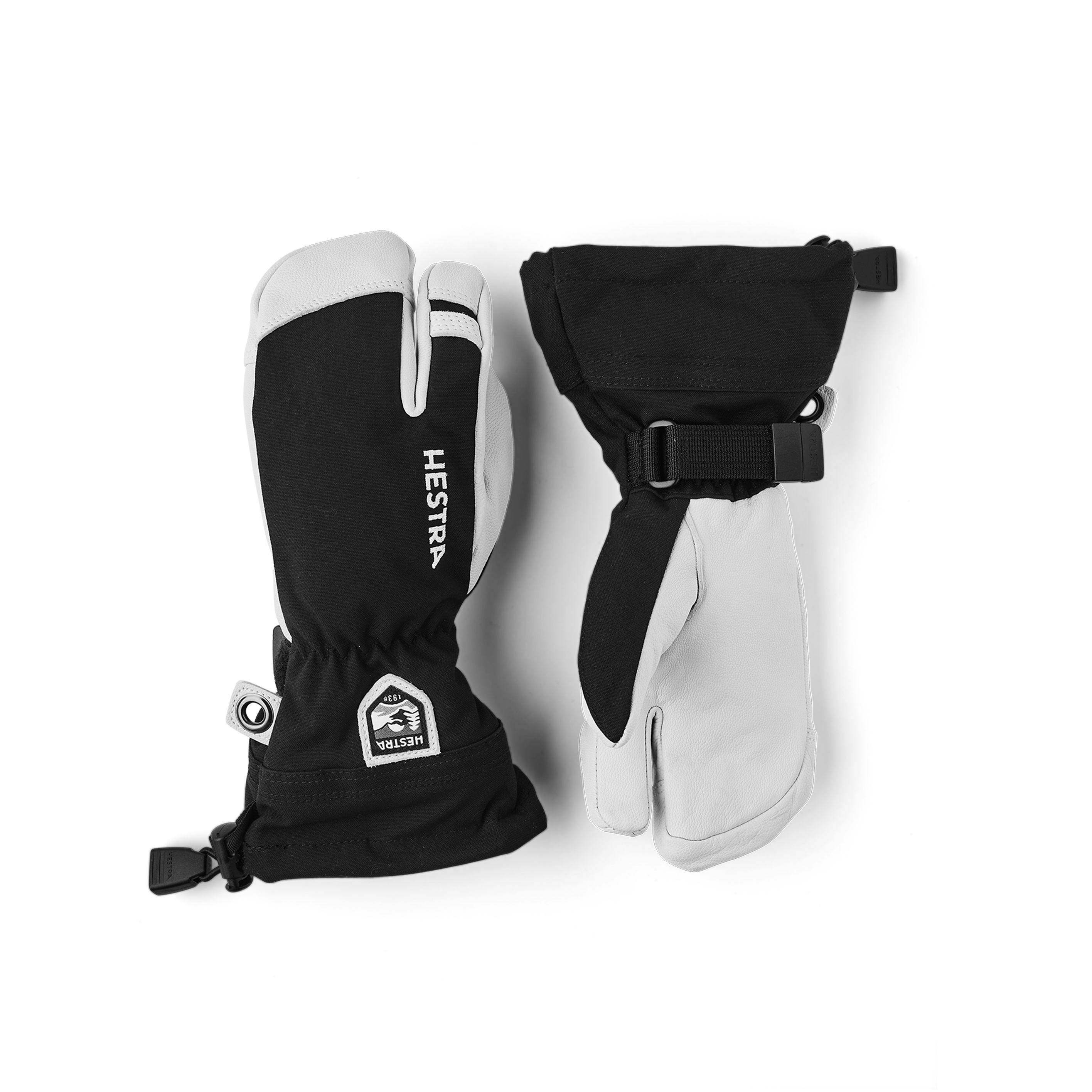 Black three finger glove with white goat leather palm