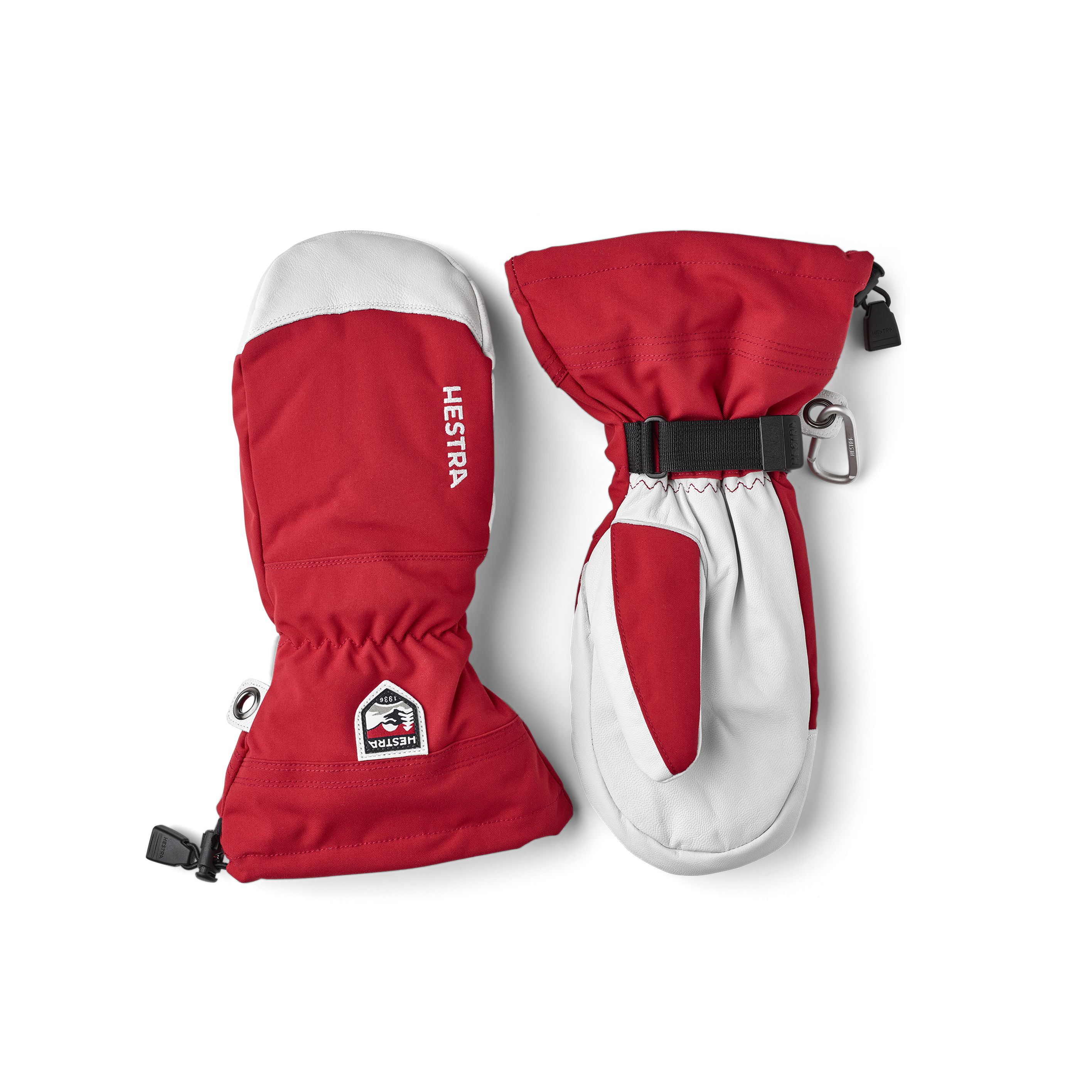 Red mitten with white goat leather palm