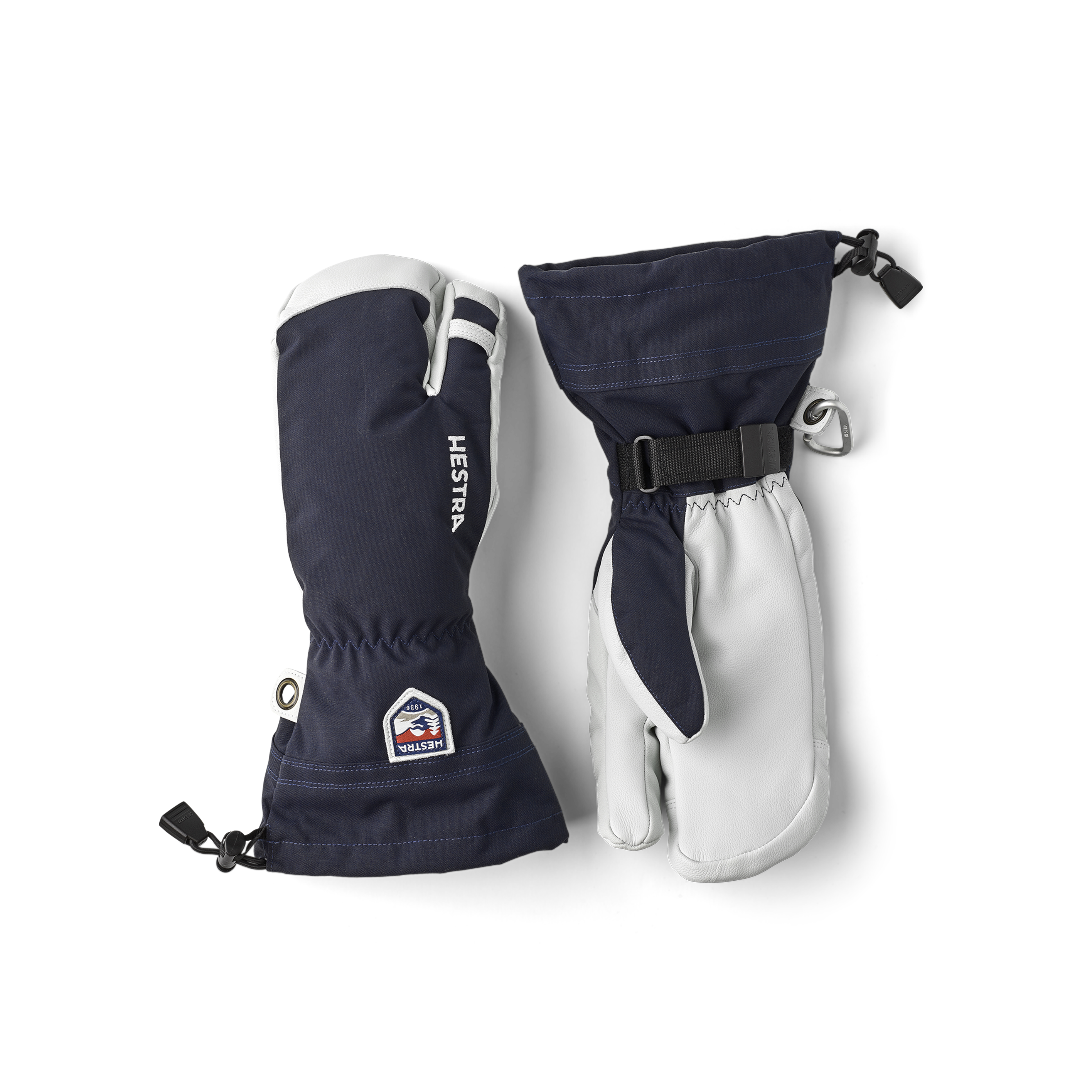 Dark blue three finger glove with white goat leather palm